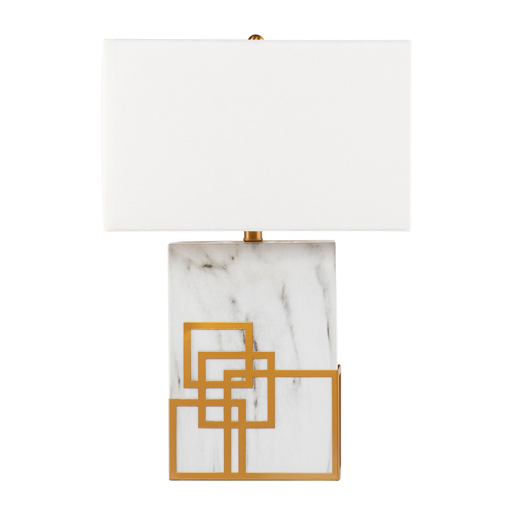 Modern rectangular table lamp with white shade marble base and gold geometric inlay