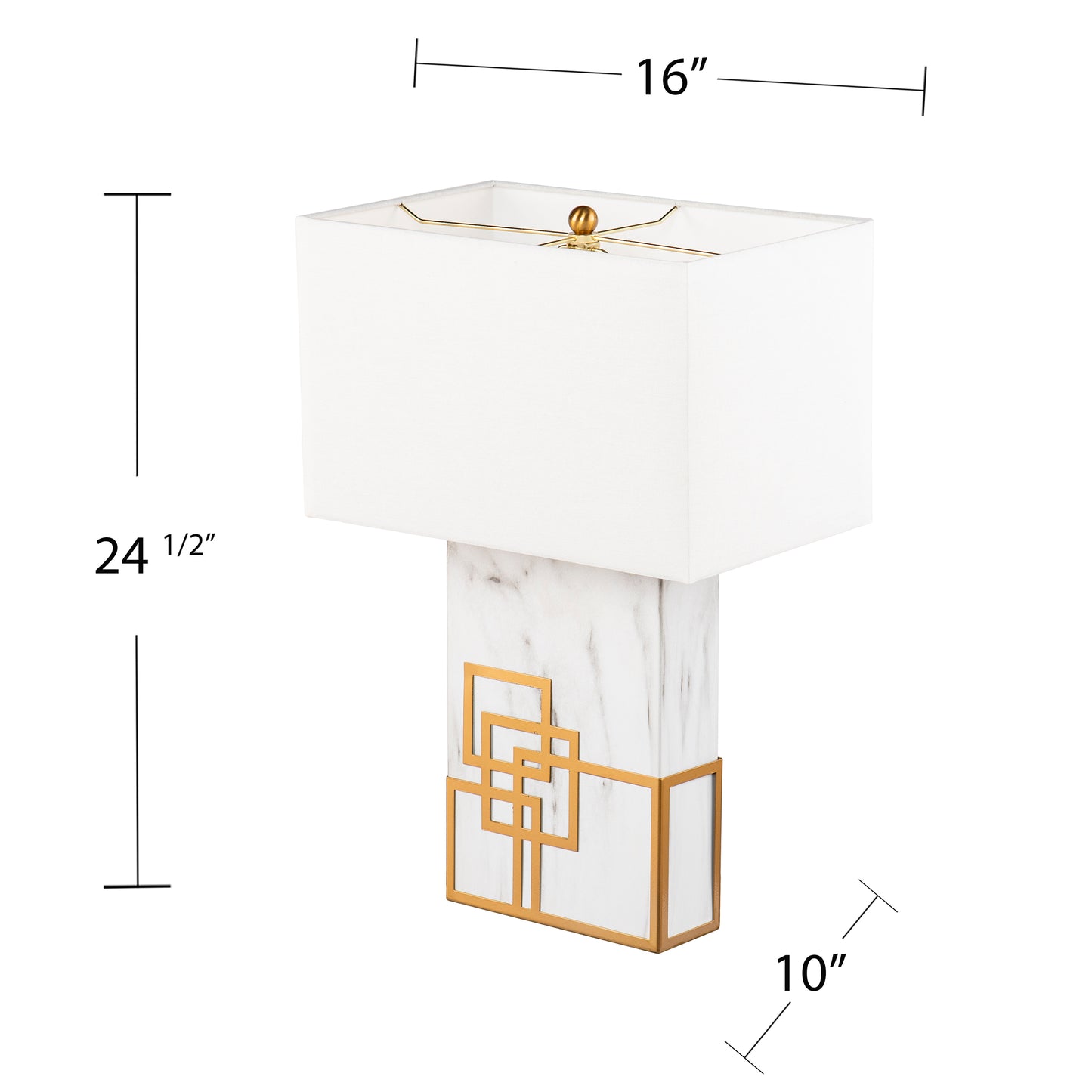White rectangular shade table lamp with marble base and gold geometric accents  high