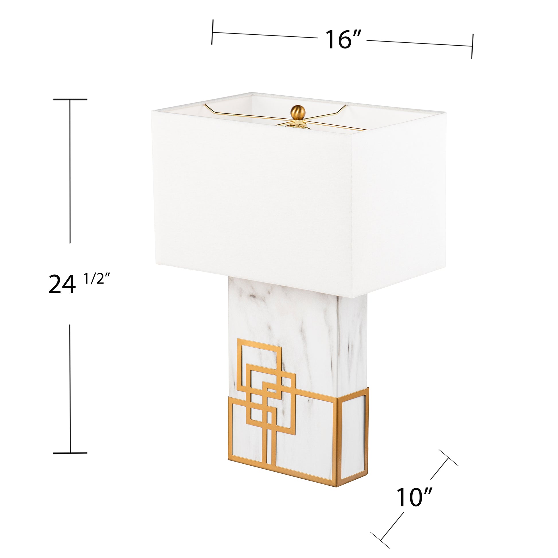 White rectangular shade table lamp with marble base and gold geometric accents  high
