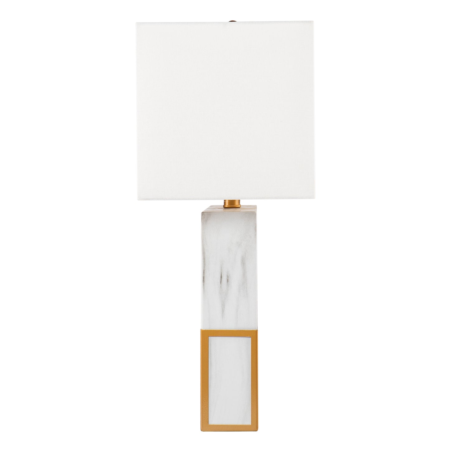 Modern white marble table lamp with brass accents and white rectangular shade