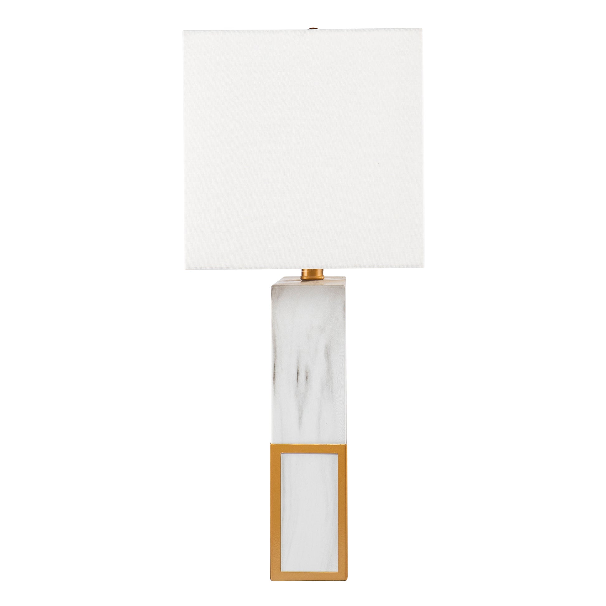 Modern white marble table lamp with brass accents and white rectangular shade