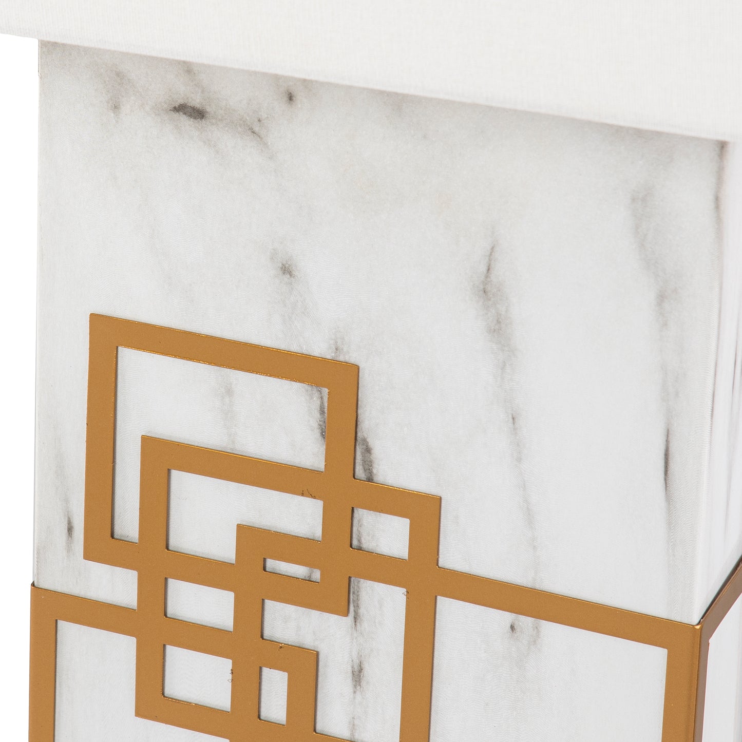 White geometric lamp shade with gold accents and marble pattern