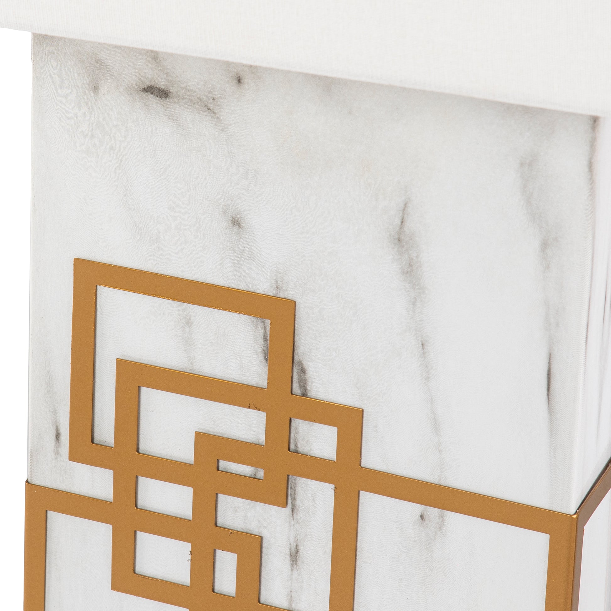 White geometric lamp shade with gold accents and marble pattern