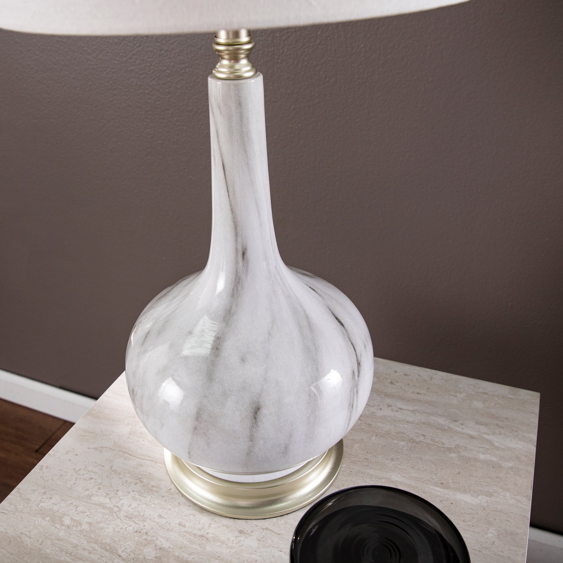 Gray and white marble table lamp with a brushed gold base elegant decor
