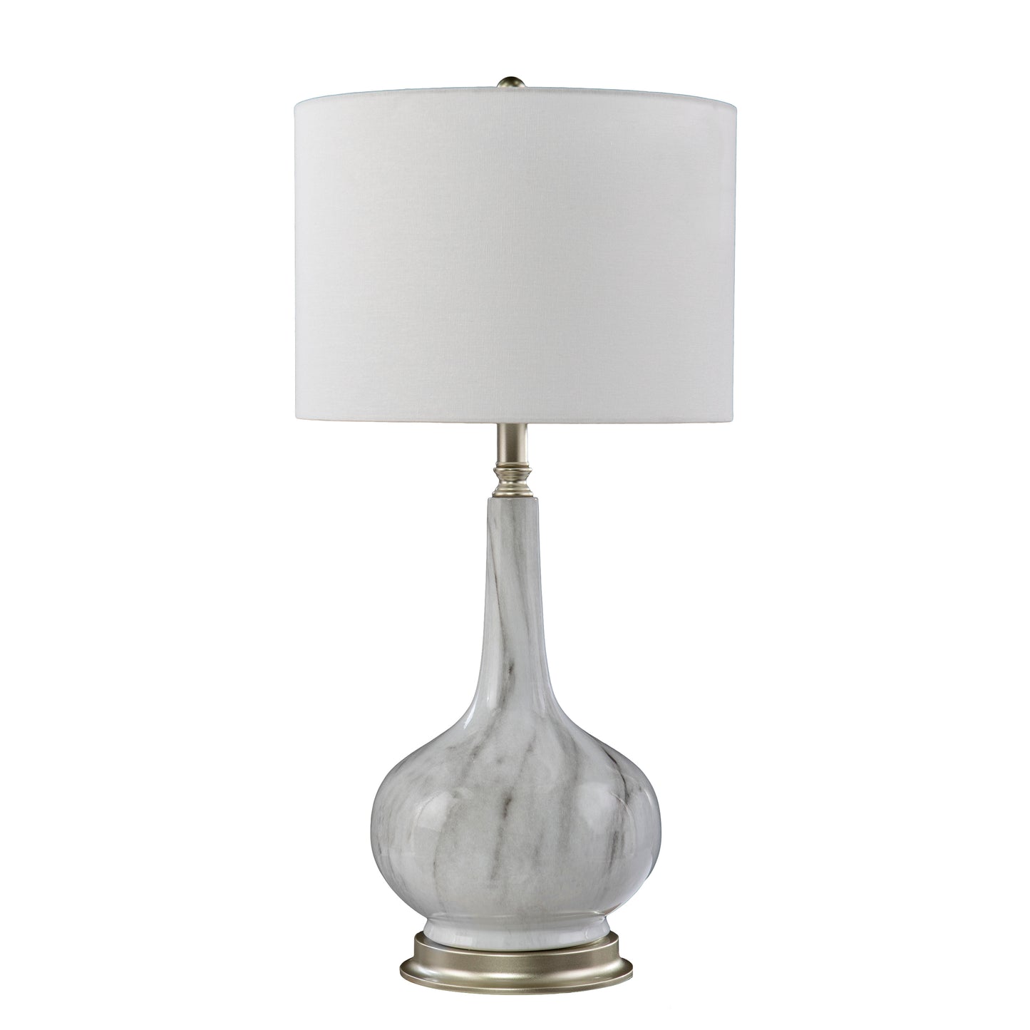 White linen drum shade table lamp with a swirling gray and white ceramic base and brushed nickel accent