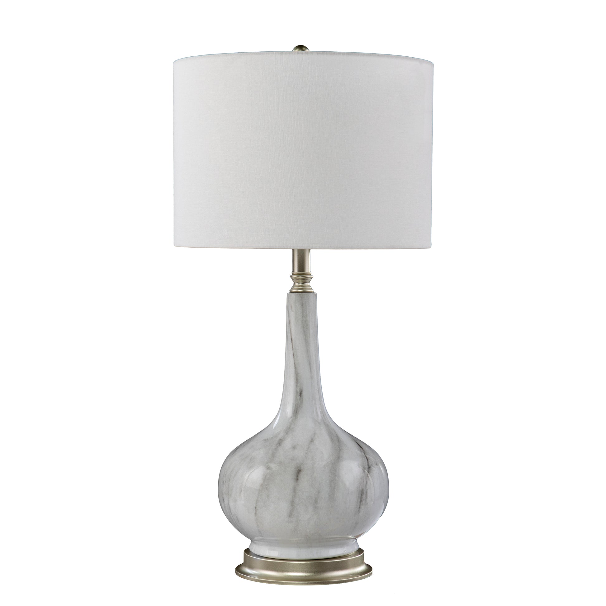 White linen drum shade table lamp with a swirling gray and white ceramic base and brushed nickel accent