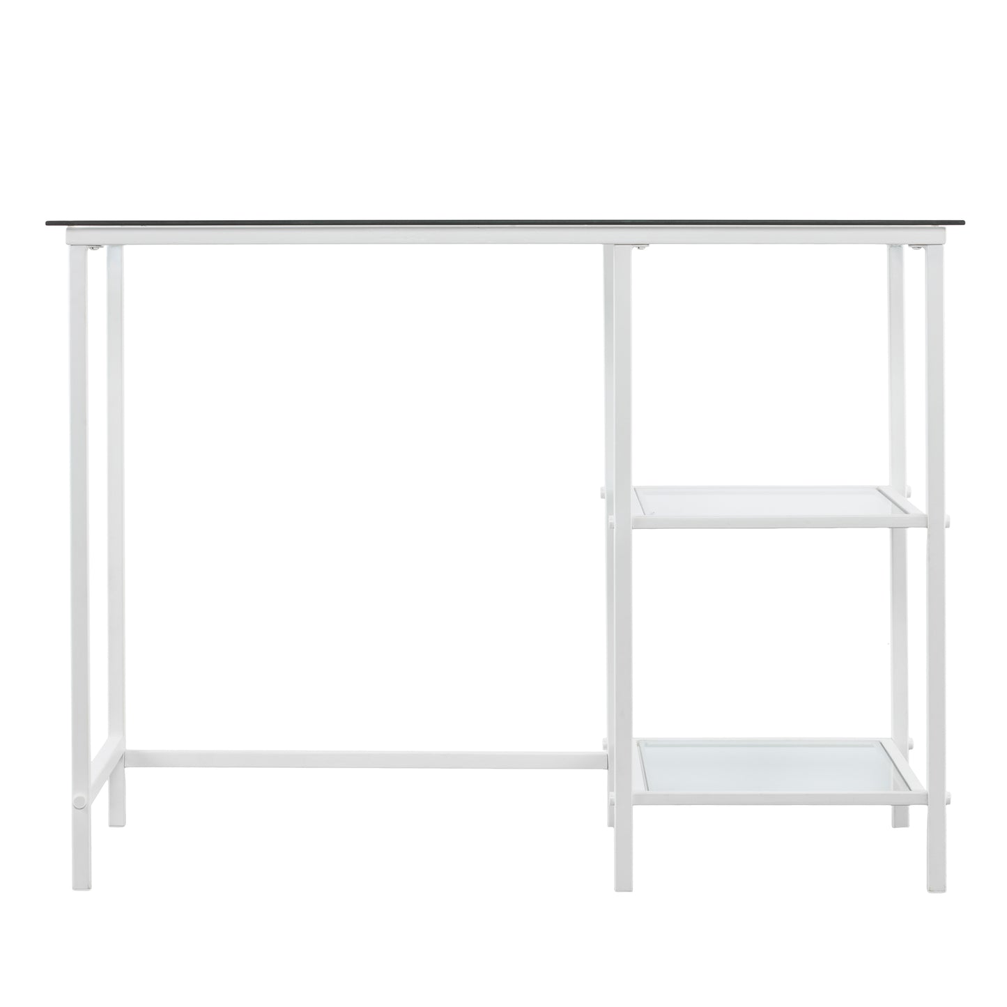 White metal desk with tempered glass top and two shelves for workspace organization