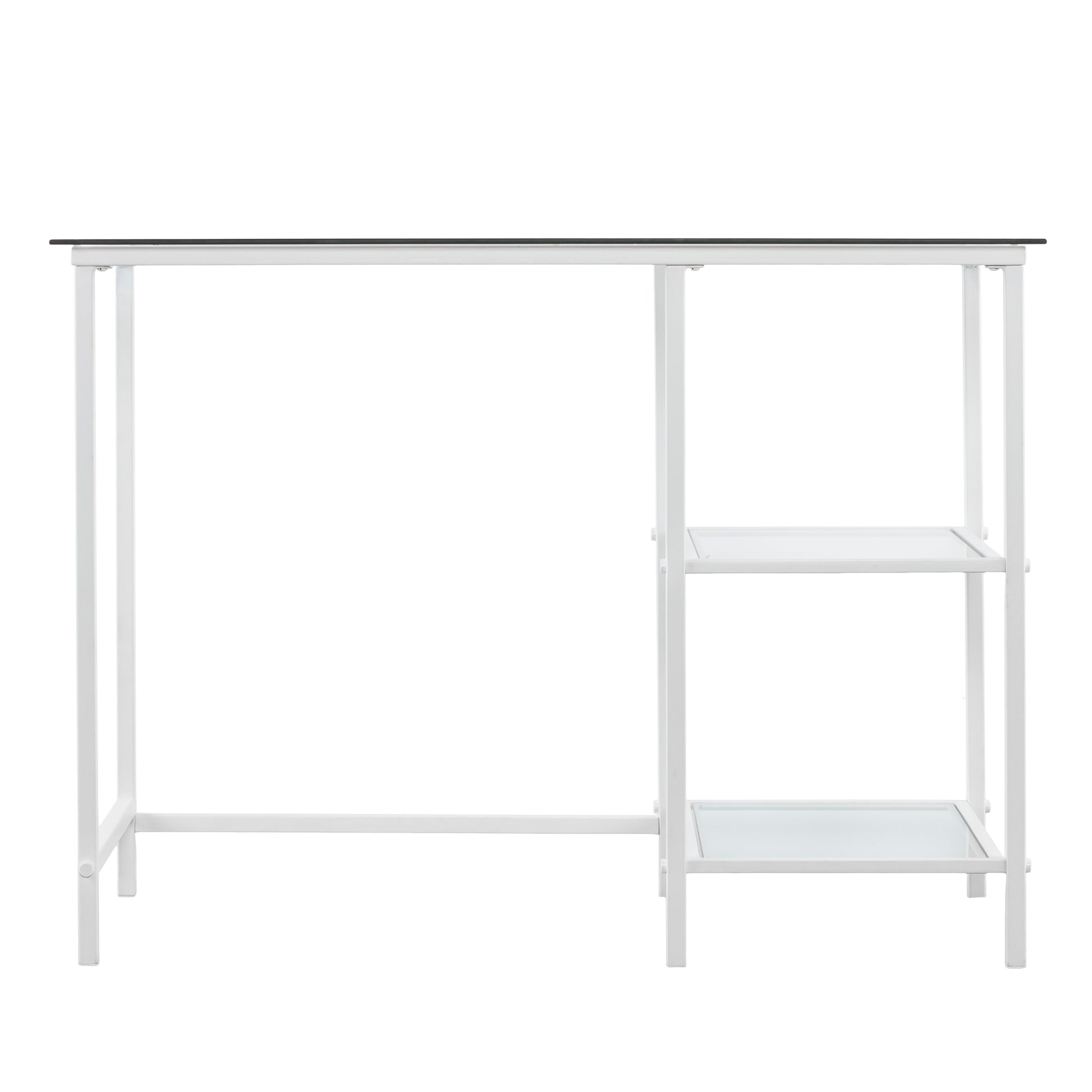 White metal desk with tempered glass top and two shelves for workspace organization