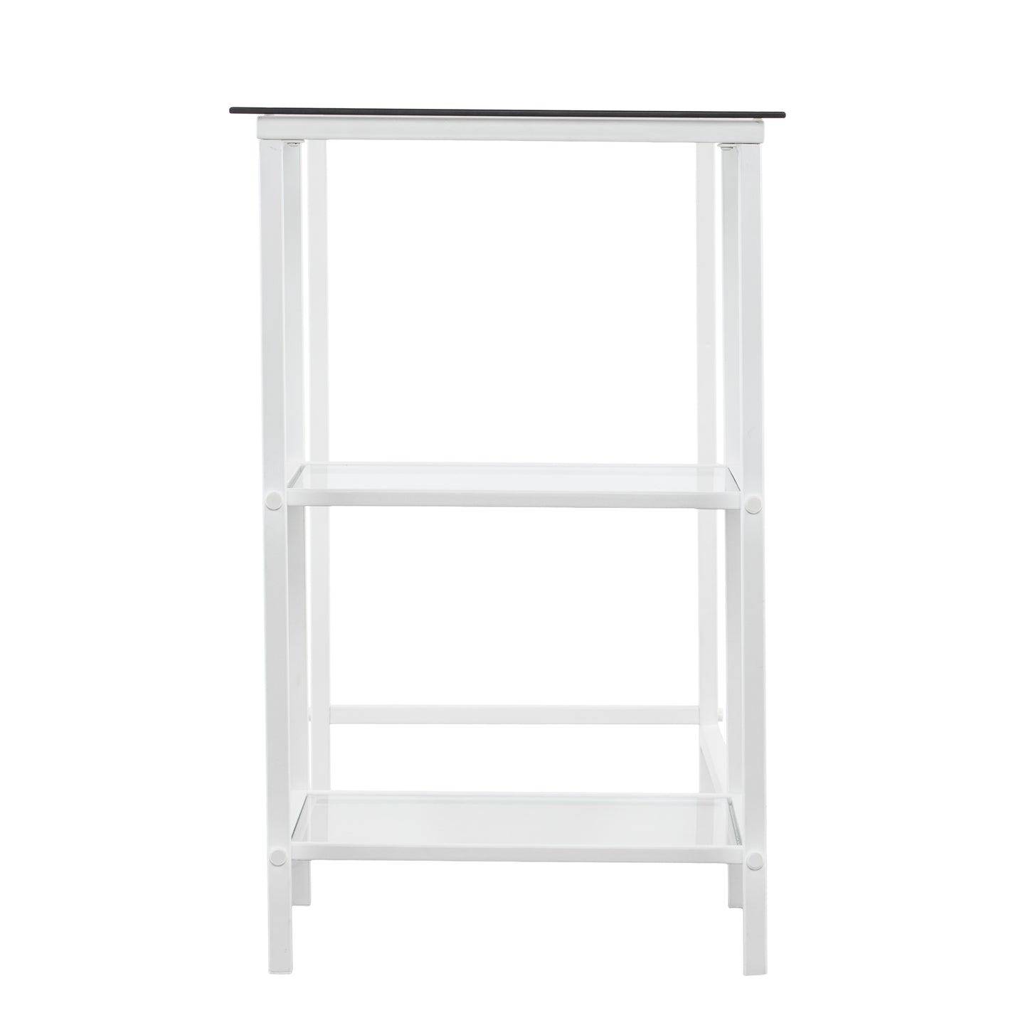 Modern white metal shelving unit with clear glass shelves and top