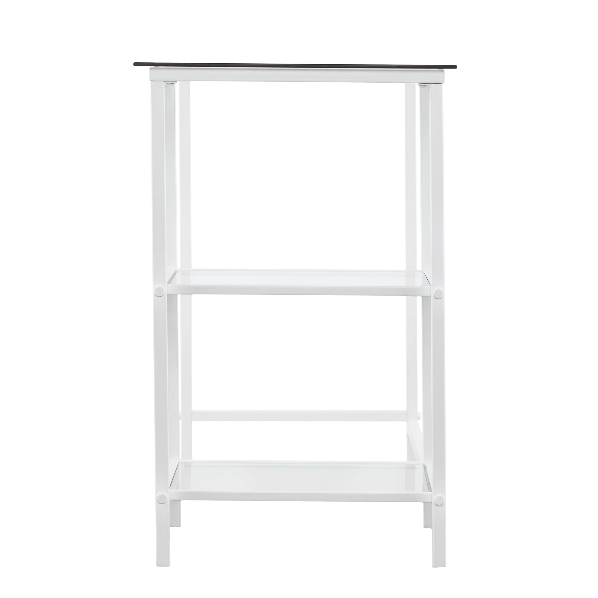 Modern white metal shelving unit with clear glass shelves and top