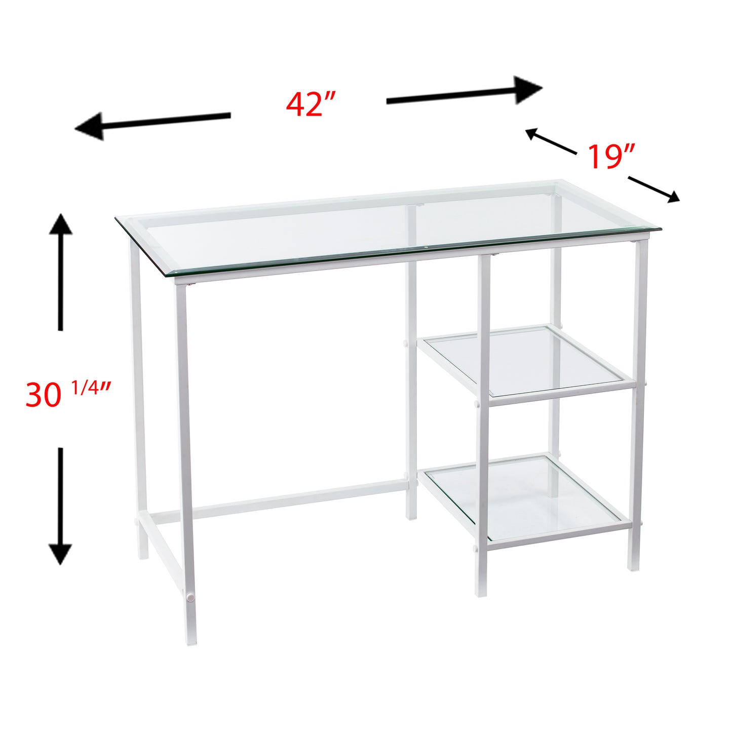 White metal frame glass top desk with  shelves  W