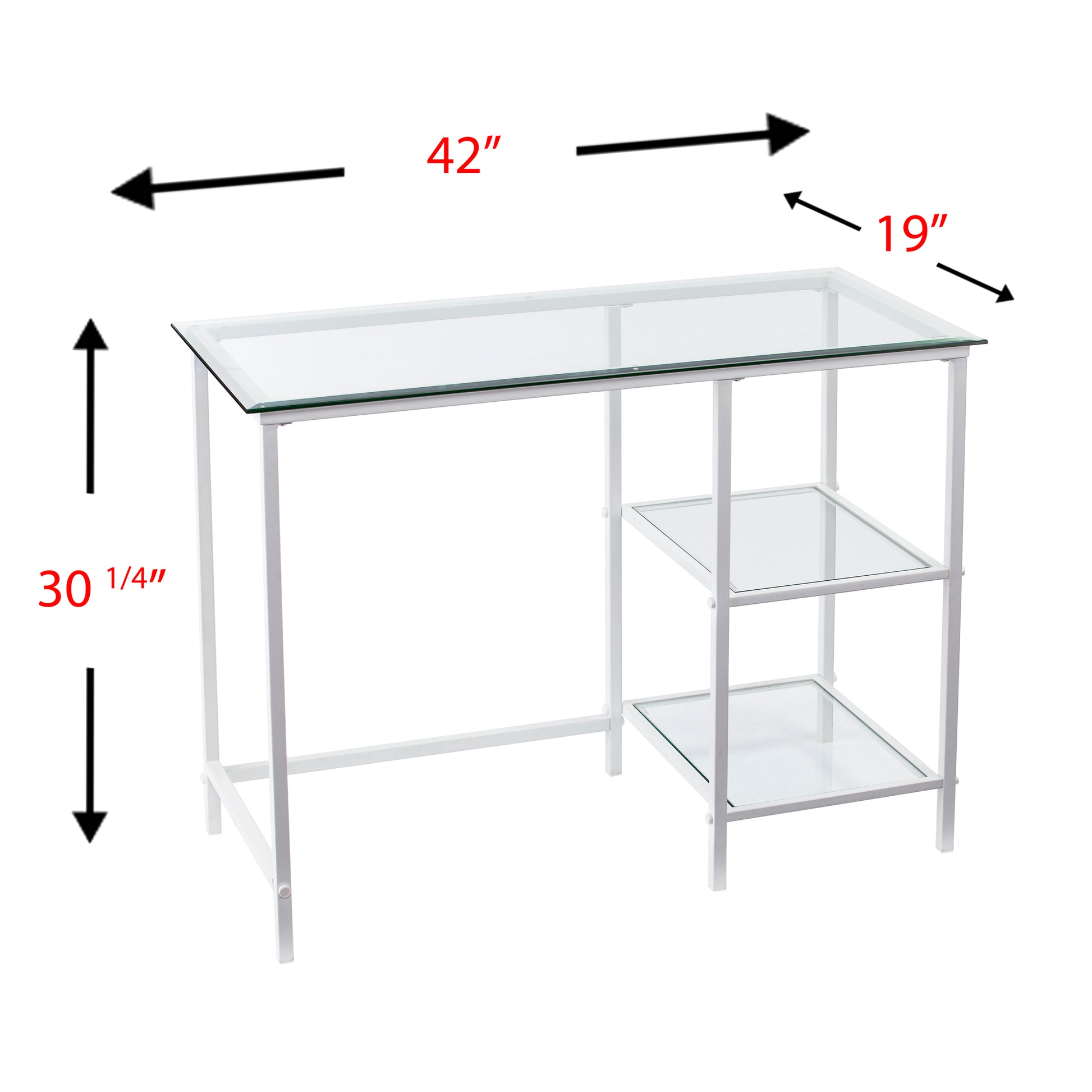 White metal frame glass top desk with  shelves  W