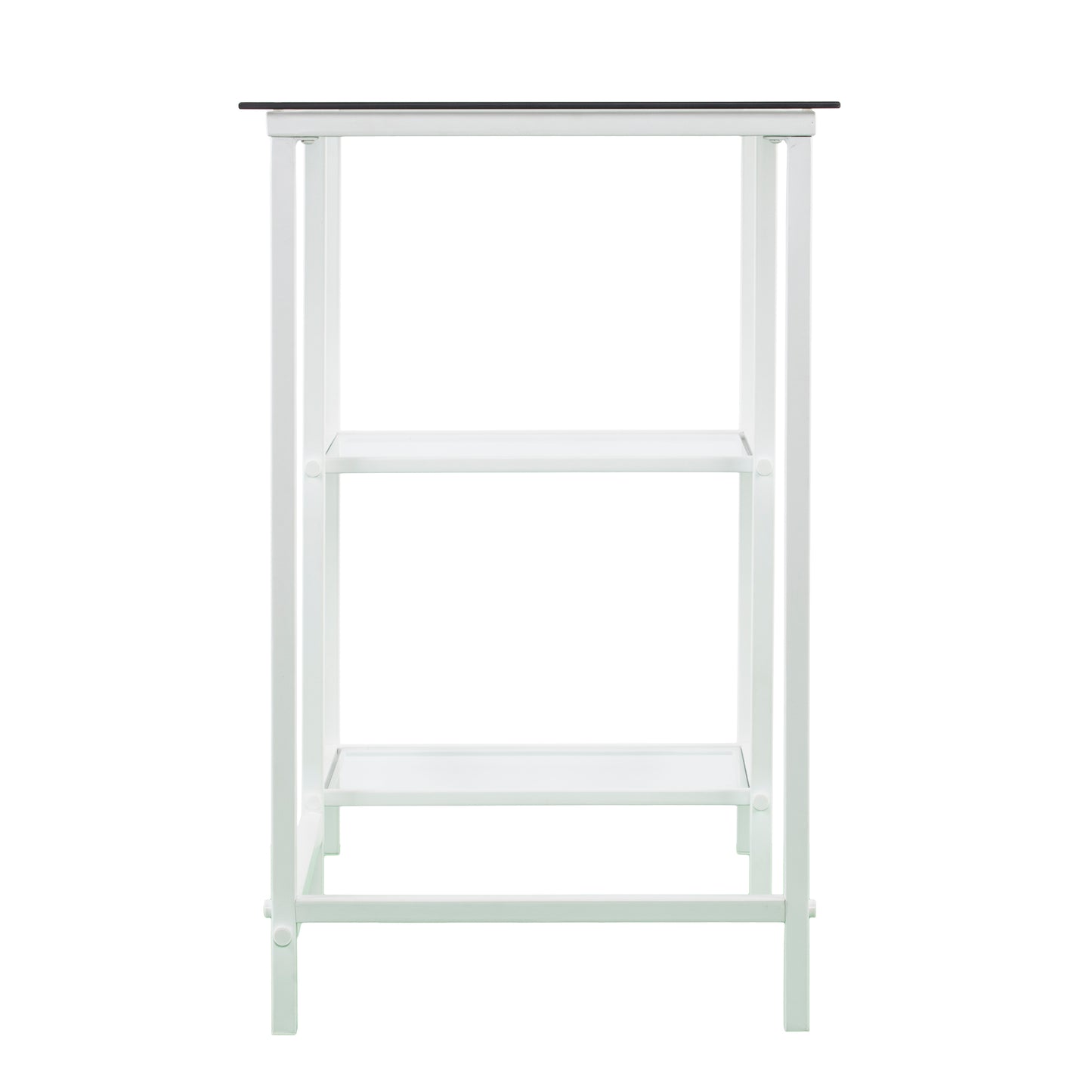 White metal side table with two shelves and black glass top for living room decor