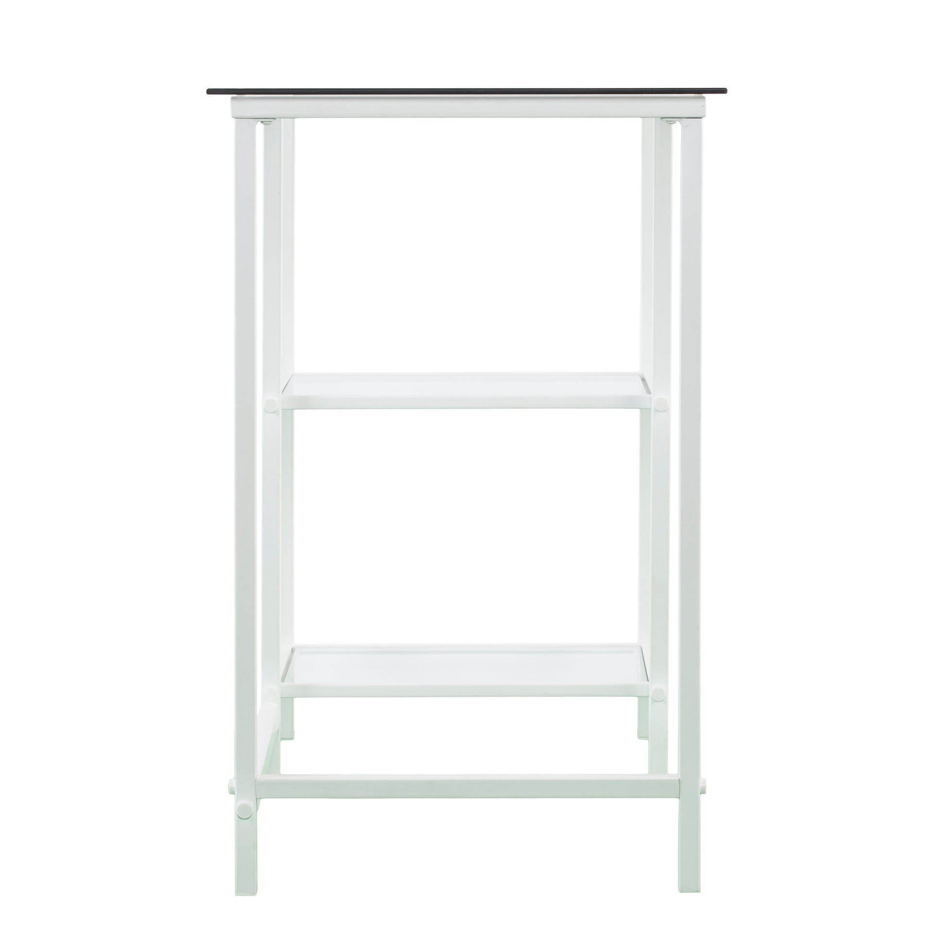White metal side table with two shelves and black glass top for living room decor