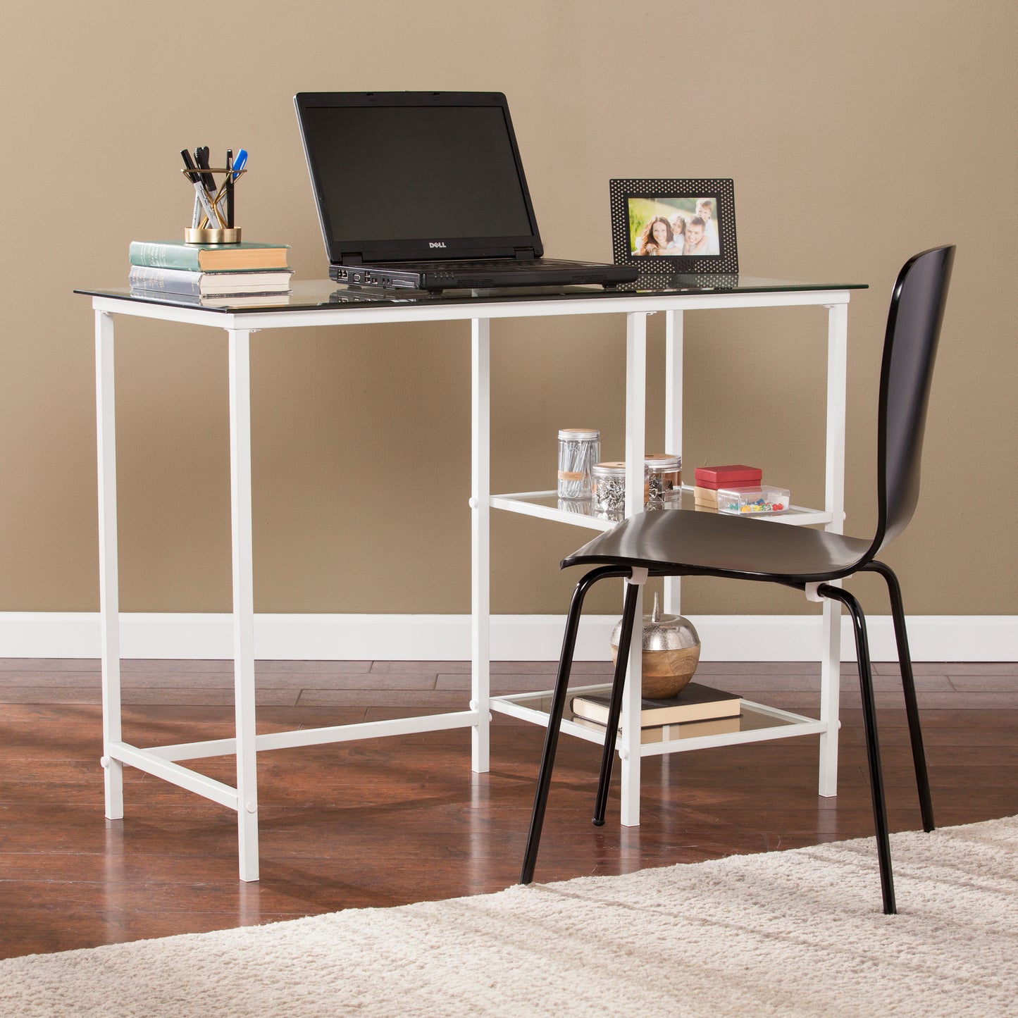 Modern white metal frame desk with tempered glass top and black chair