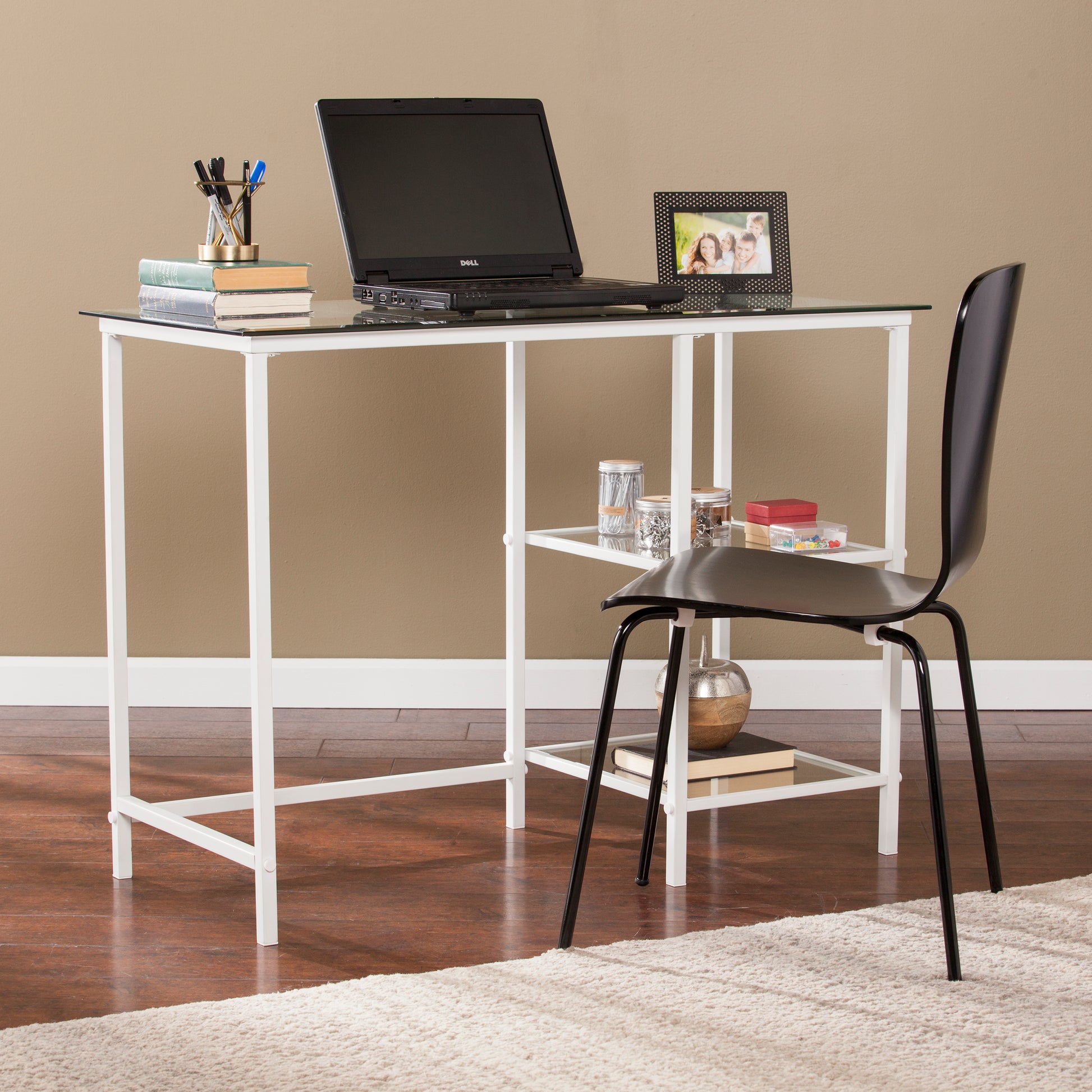 Modern white metal frame desk with tempered glass top and black chair
