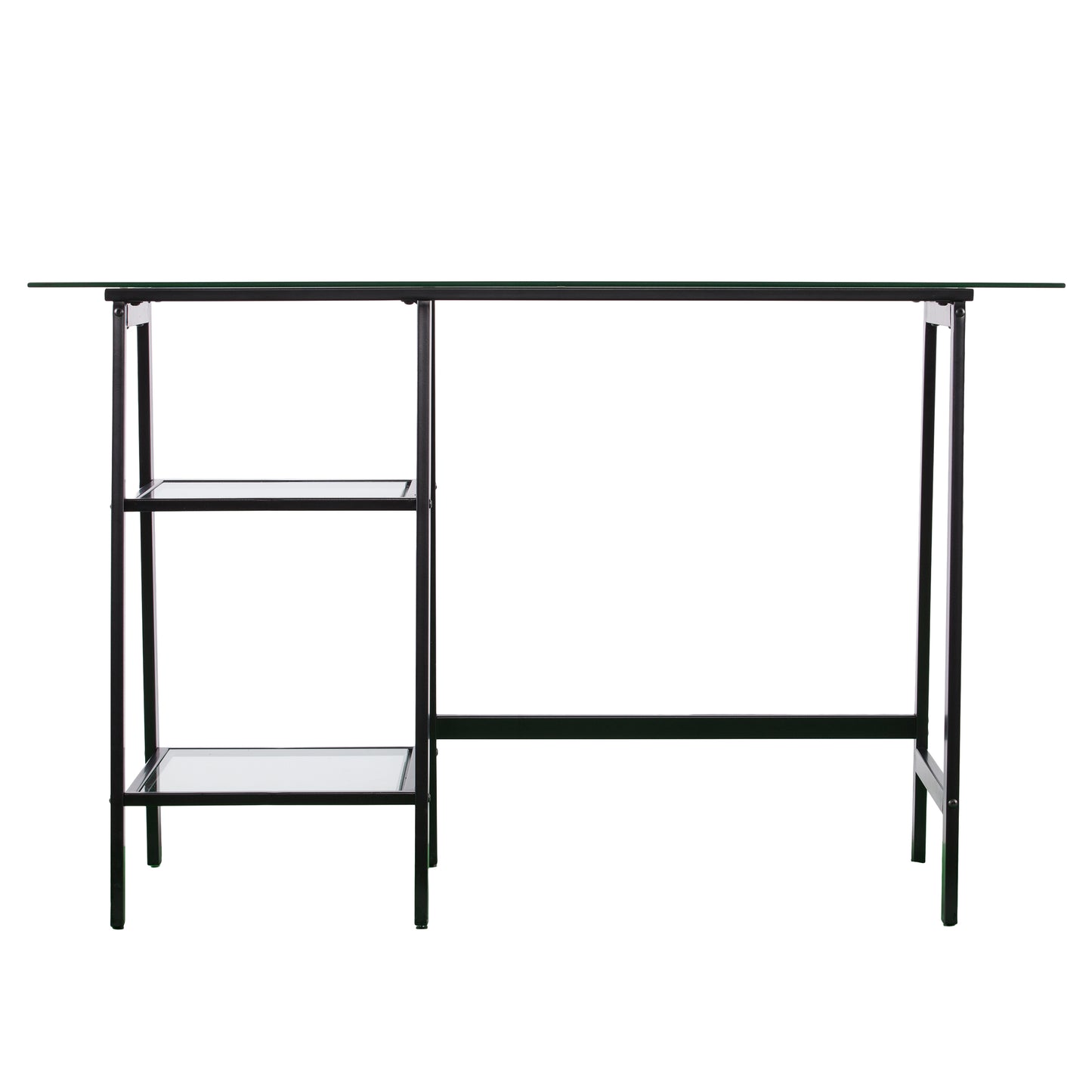 Modern glass computer desk with black metal frame and  shelves