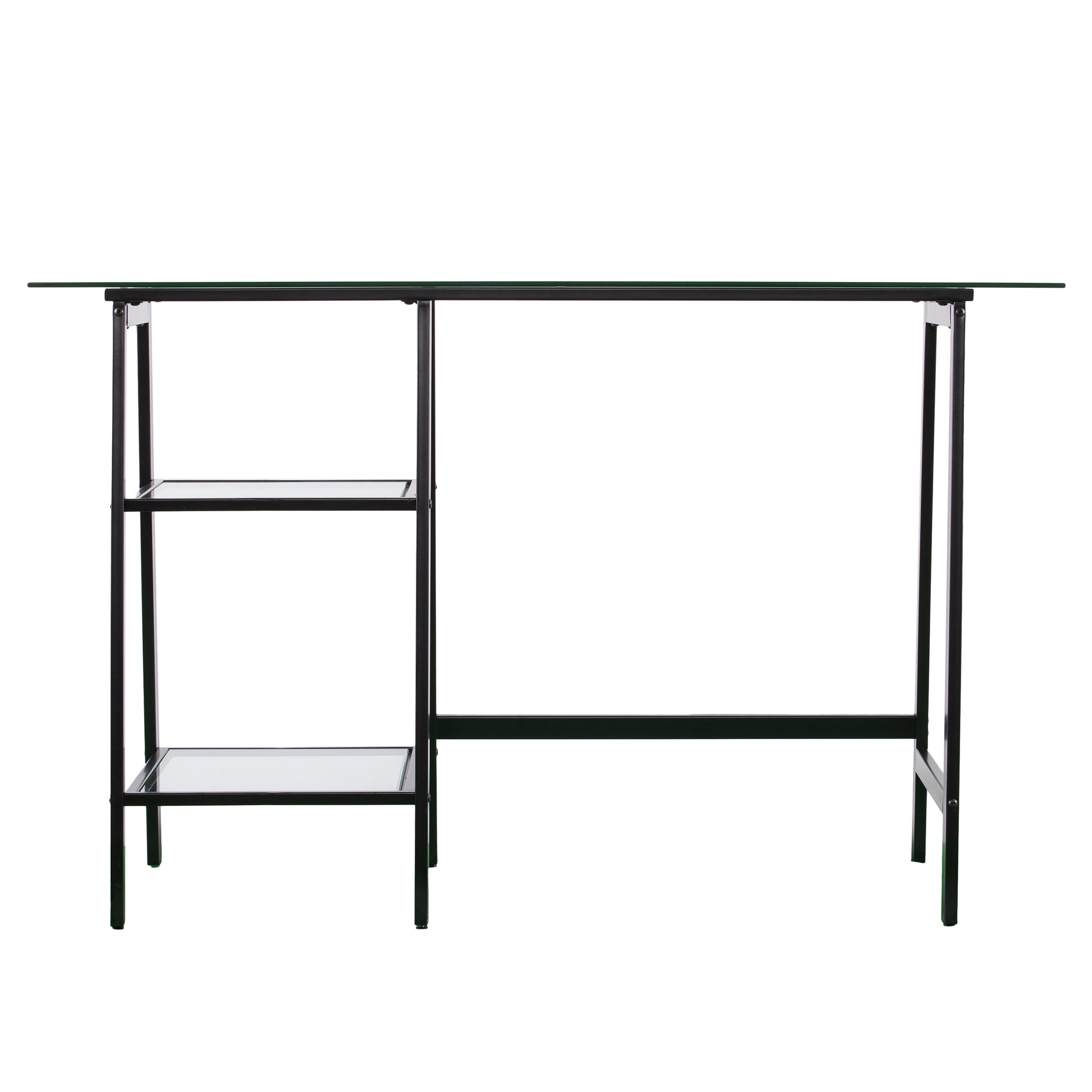 Modern glass computer desk with black metal frame and  shelves