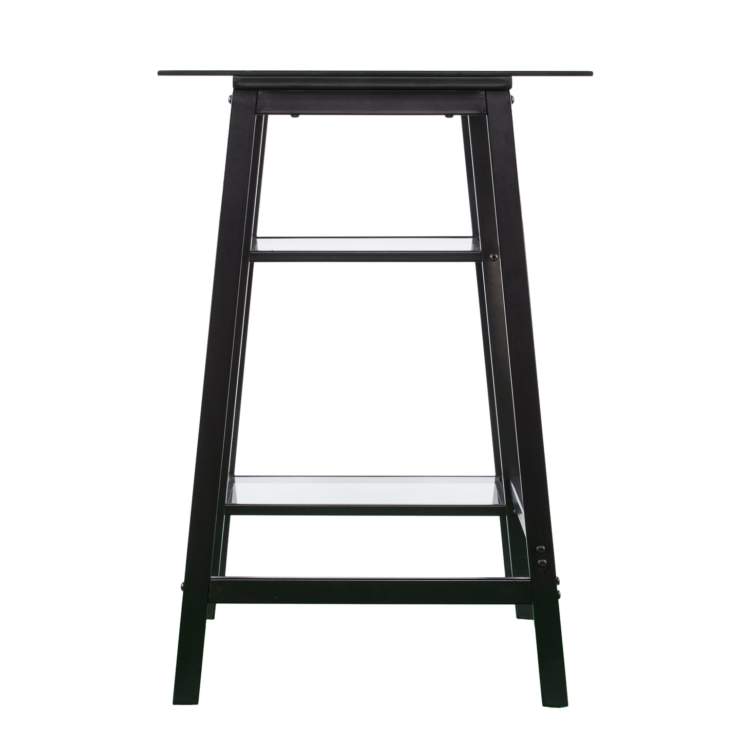 Black metal and glass console table with two open shelves