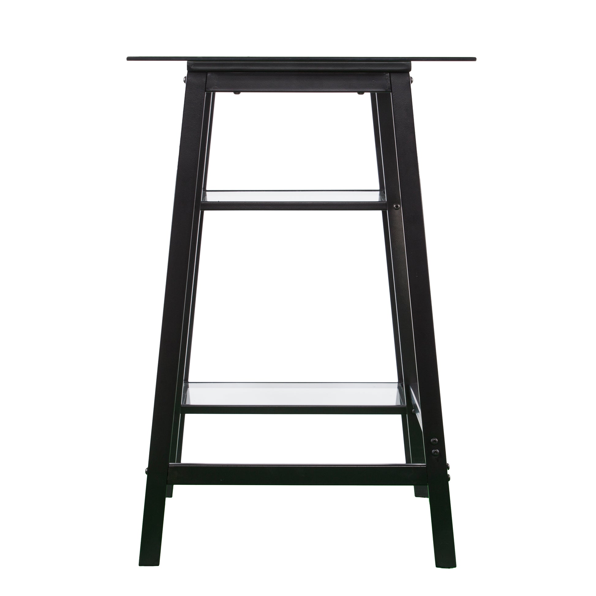 Black metal and glass console table with two open shelves