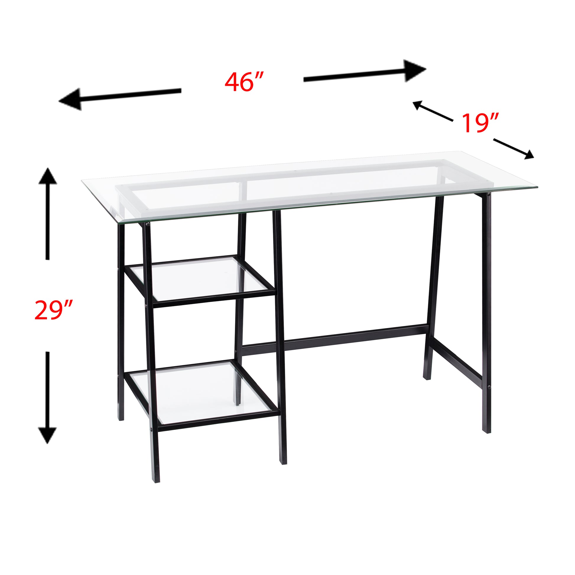 Modern glass writing desk with black metal frame  W x  D x  H