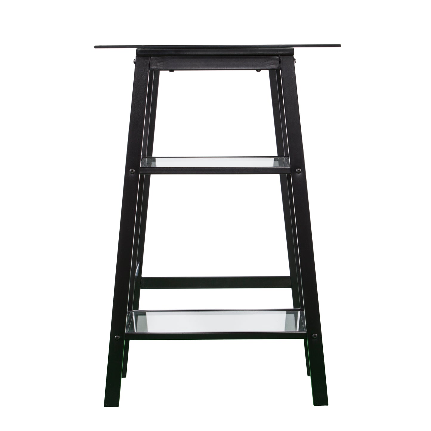 Black metal console table with two clear glass shelves and minimalist design