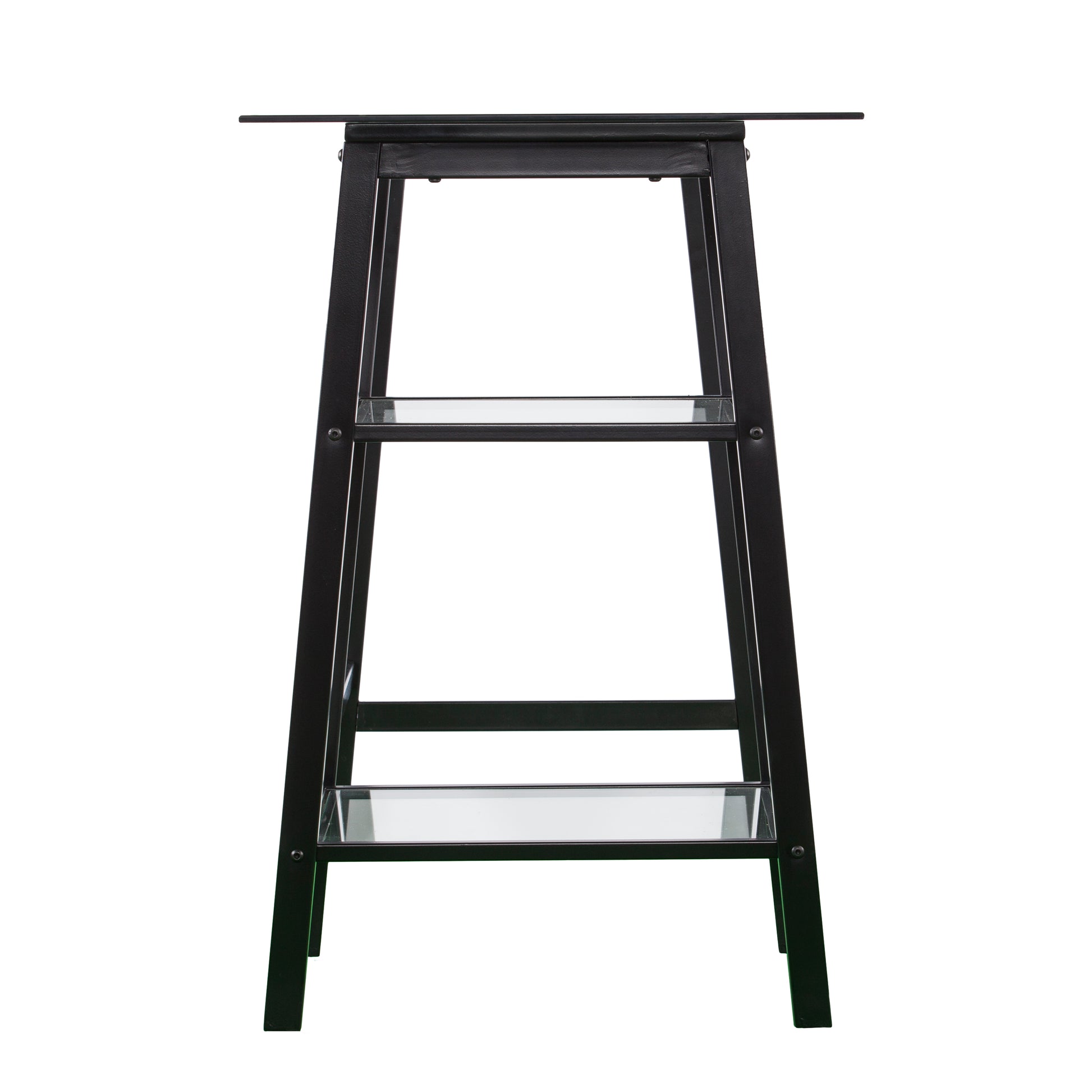 Black metal console table with two clear glass shelves and minimalist design