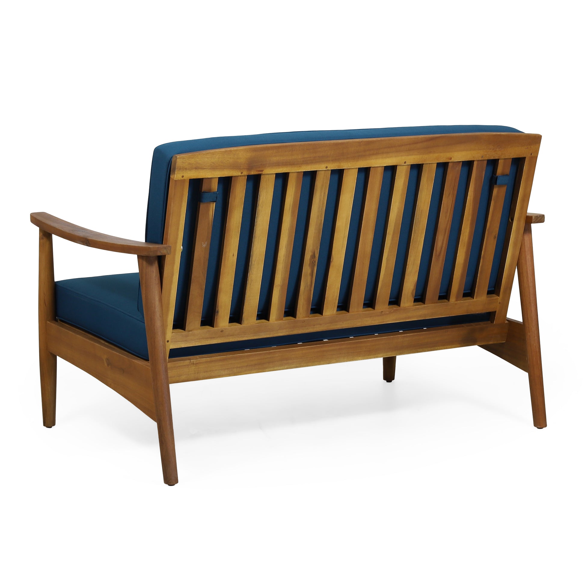 Wooden outdoor loveseat with dark blue cushions midcentury modern design