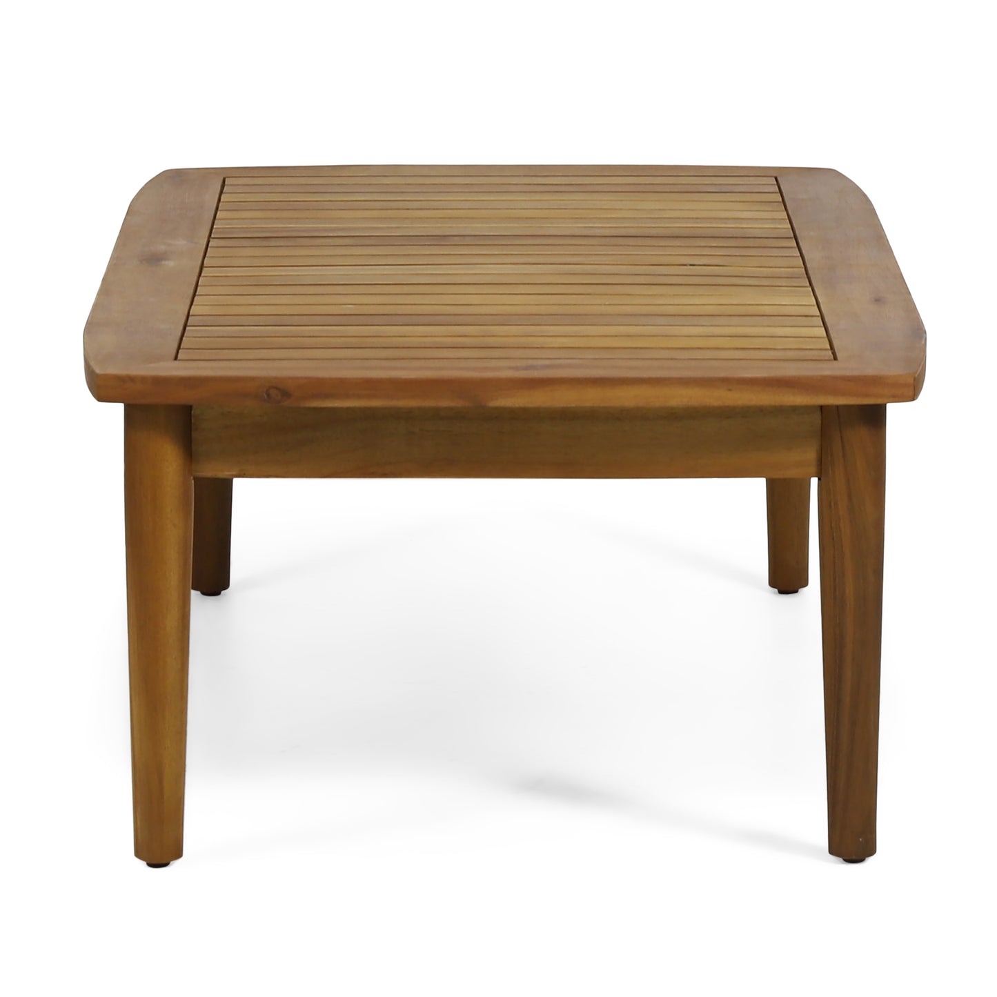 Square wooden coffee table with slatted top and rounded corners