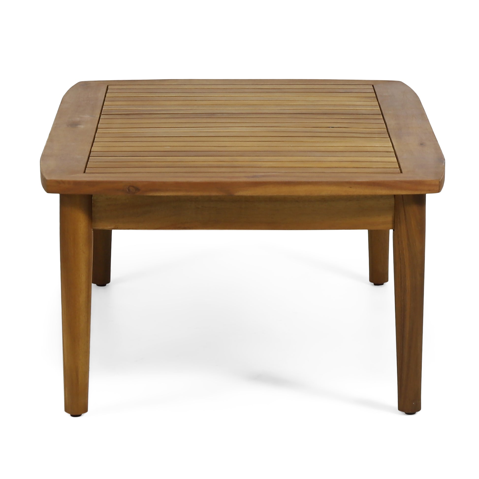 Square wooden coffee table with slatted top and rounded corners