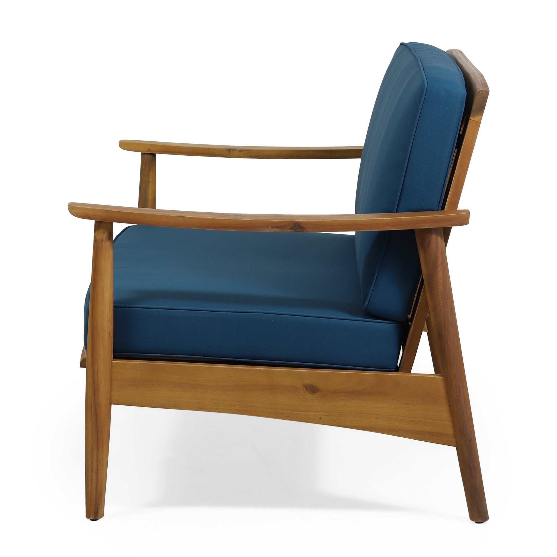 Midcentury modern armchair with a warm wood frame and deep blue upholstered seat and back cushions