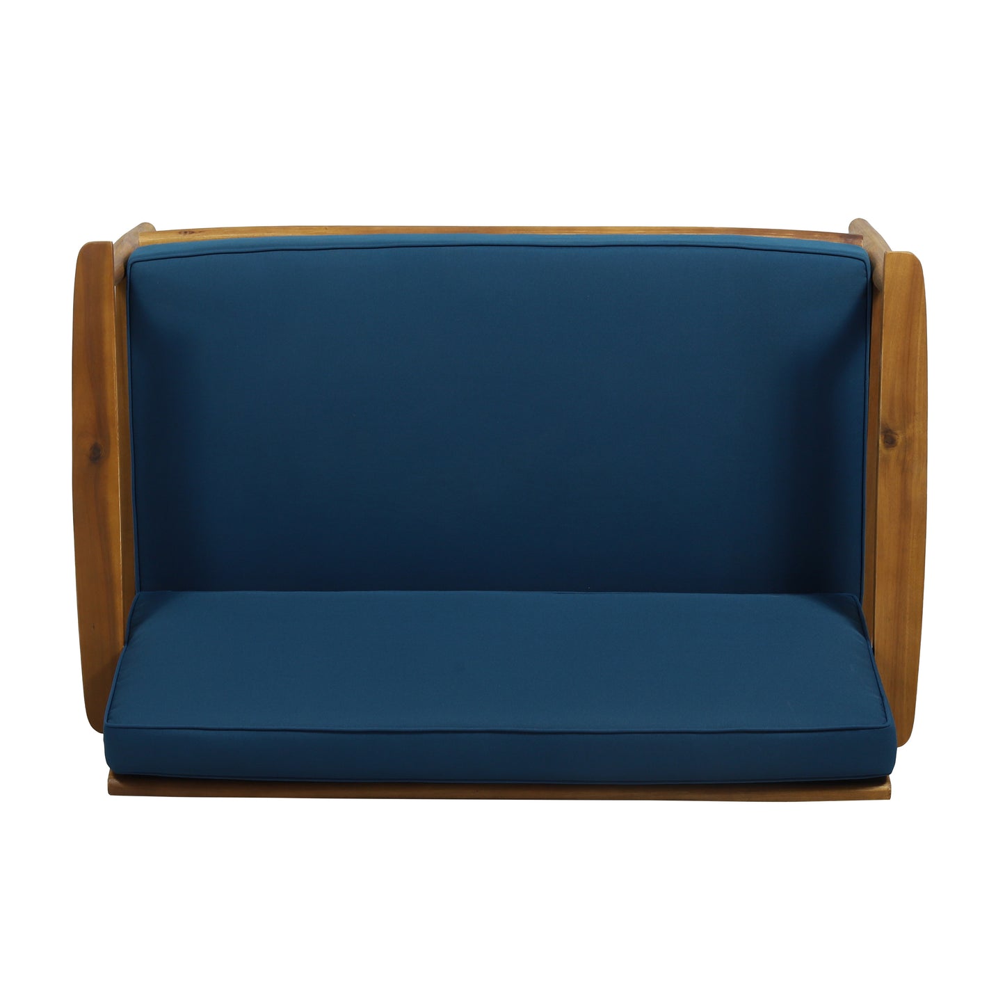 Wooden outdoor loveseat with deep blue cushions on white background