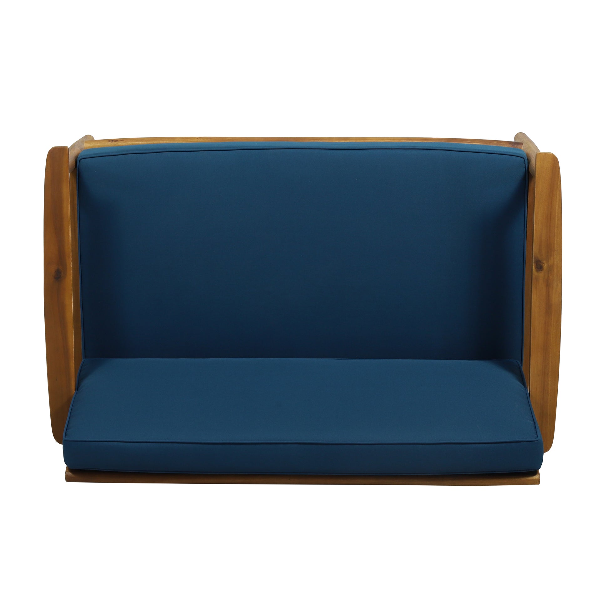 Wooden outdoor loveseat with deep blue cushions on white background