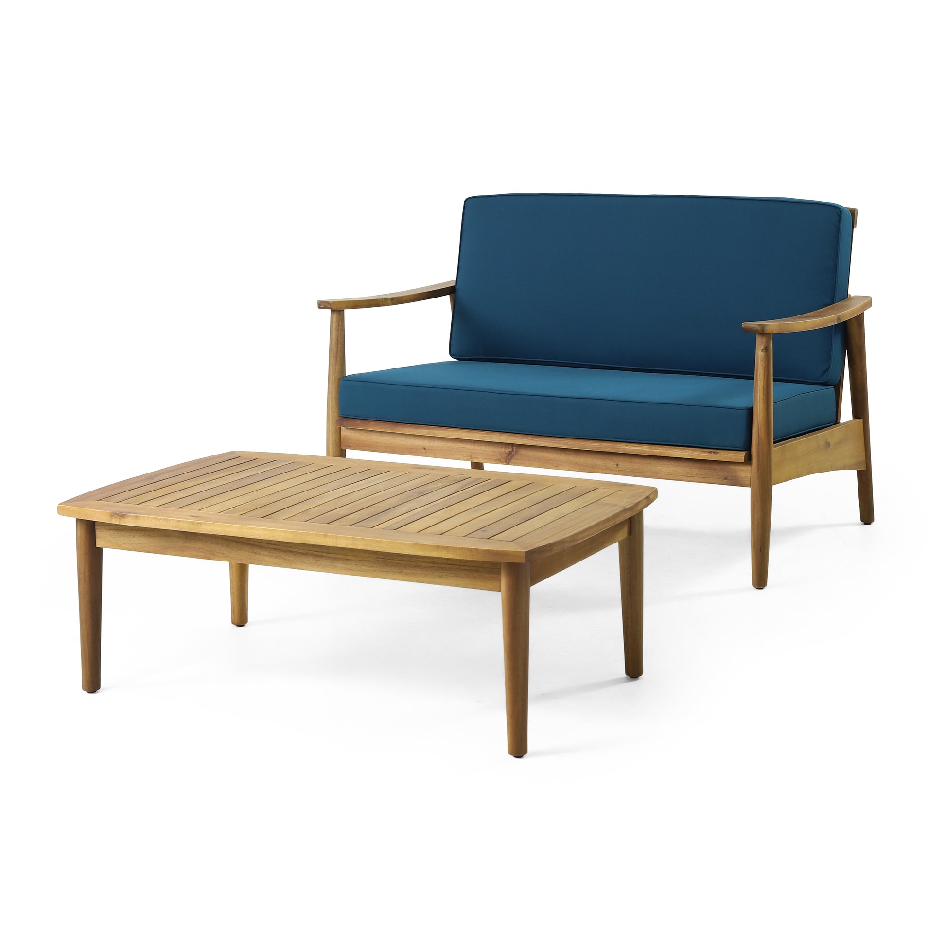 Twoseater wooden patio sofa with deep blue cushions and matching slatted coffee table