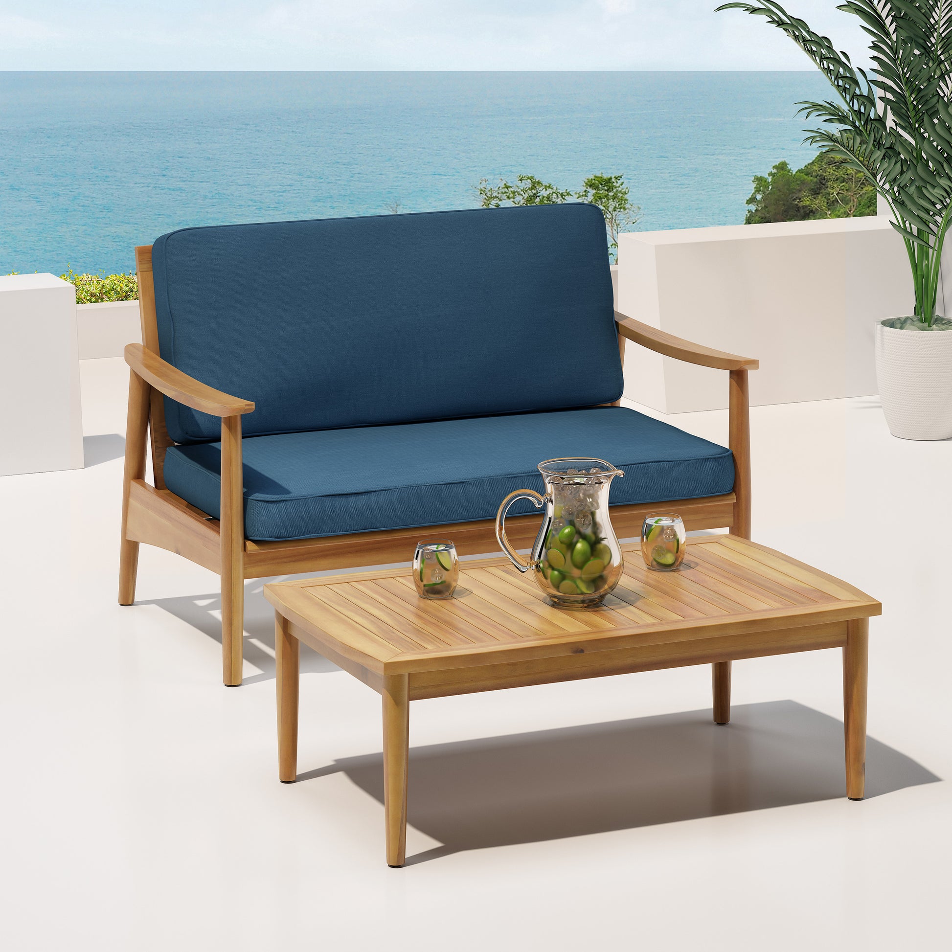 Natural wood loveseat with plush navy cushions perfect for outdoor seating
