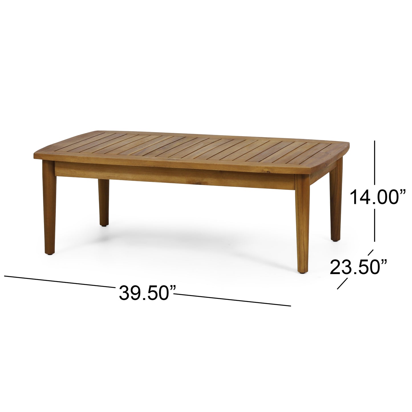 Wooden slatted coffee table with tapered legs perfect for outdoor patios
