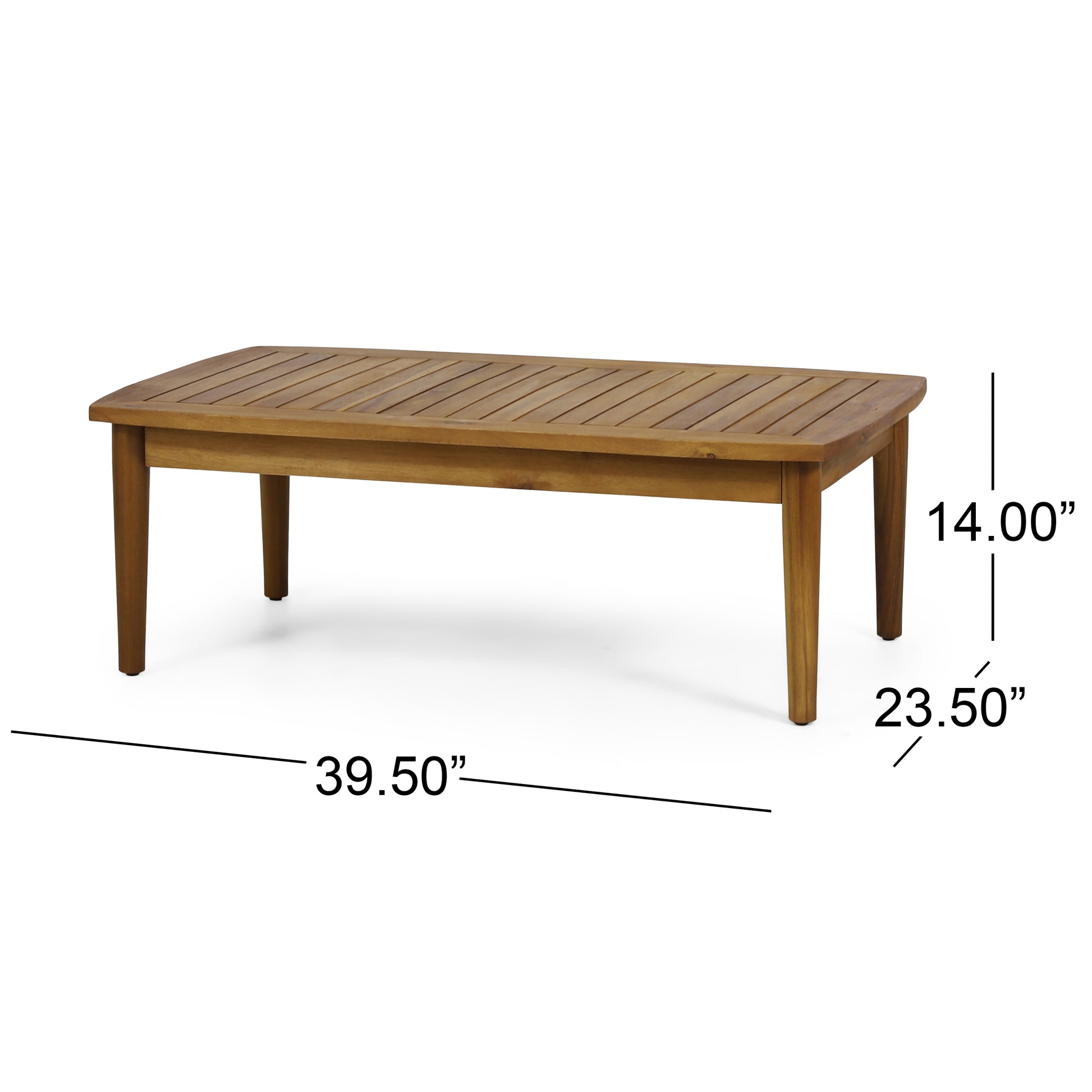 Wooden slatted coffee table with tapered legs perfect for outdoor patios