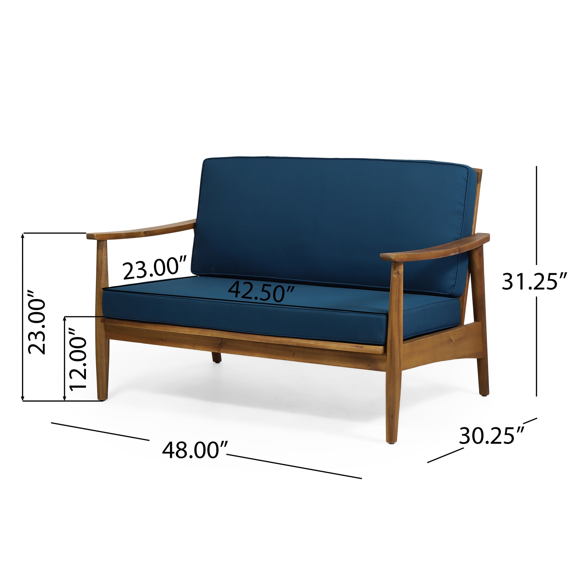 Midcentury modern outdoor loveseat with dark blue cushions and wood frame