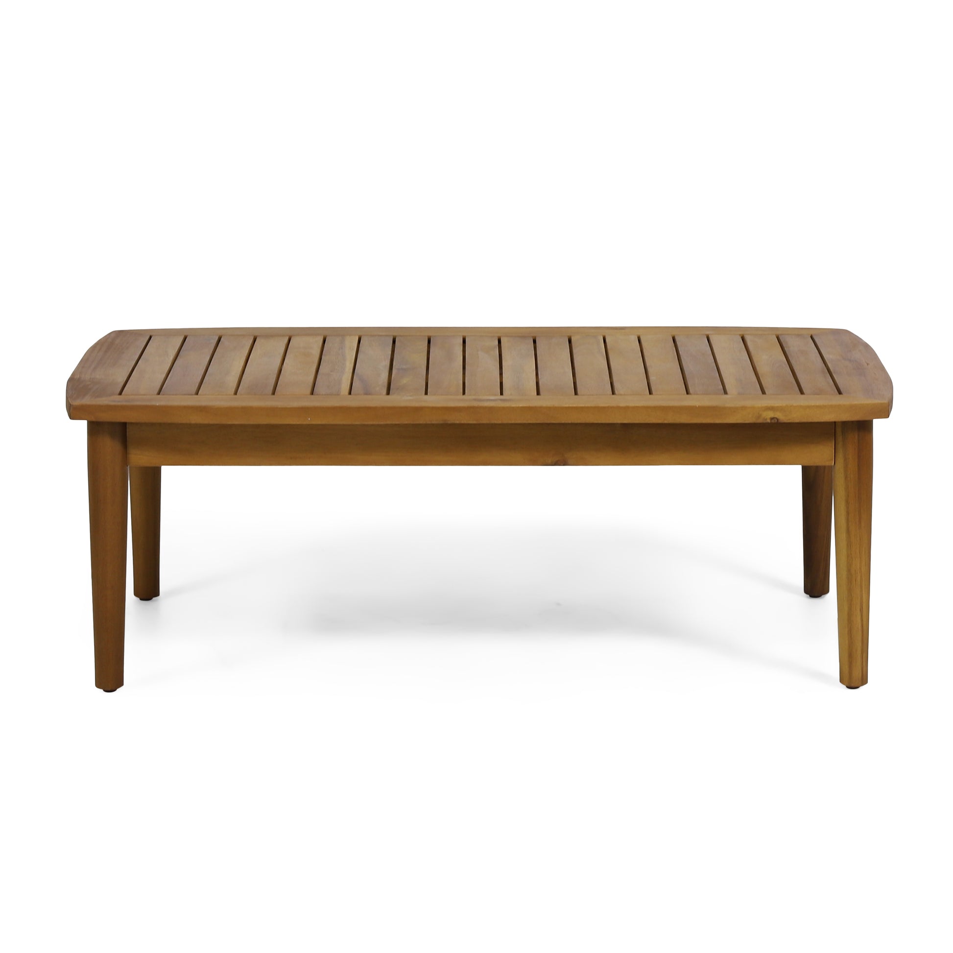 Wooden slatted bench with tapered legs perfect for entryway seating