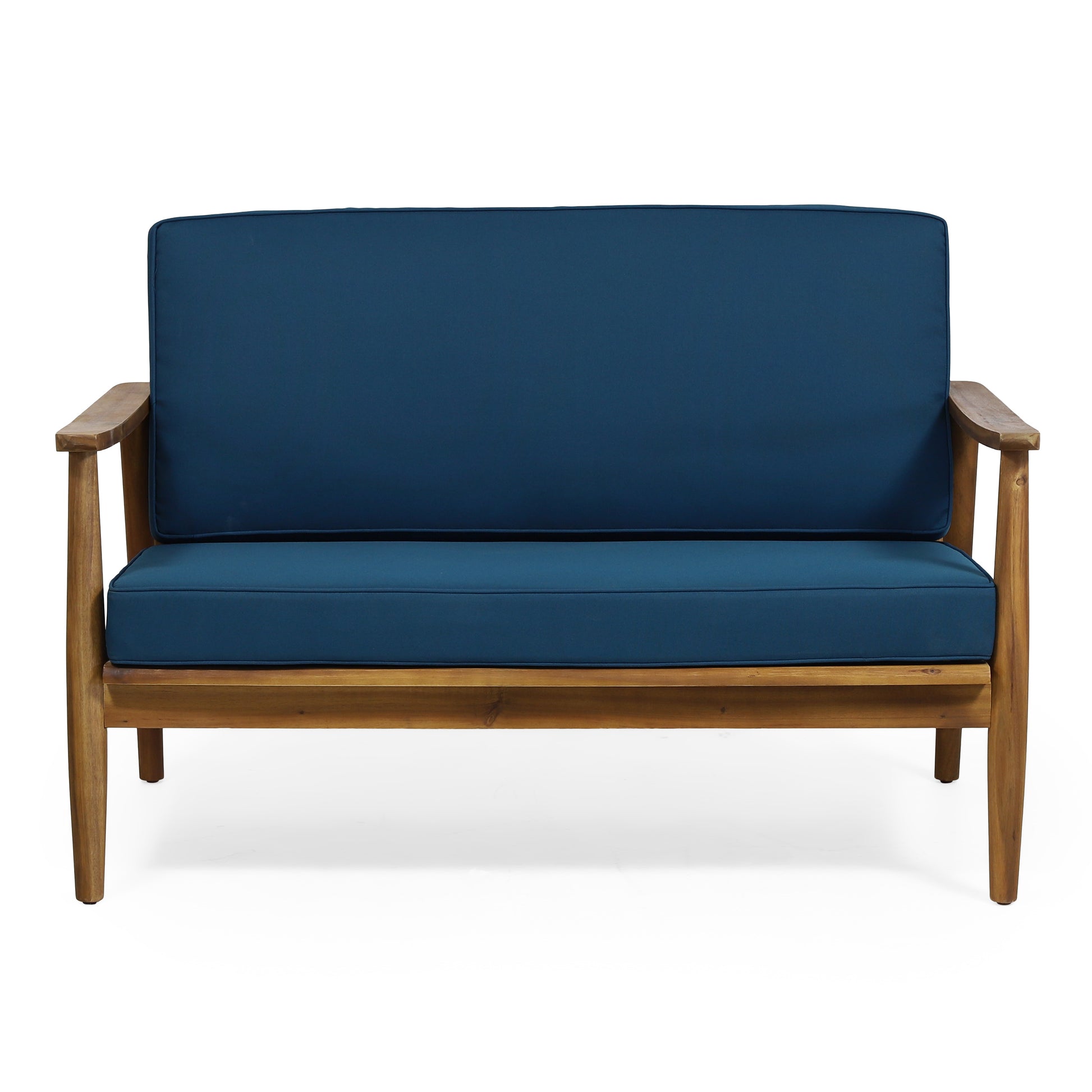 Navy blue upholstered wooden loveseat with midcentury modern design and comfortable cushions