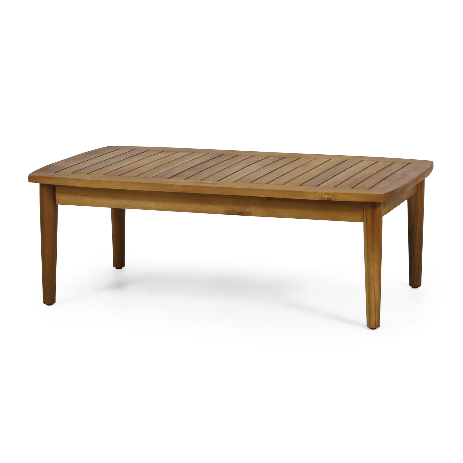 Wooden outdoor coffee table with slatted top and tapered legs perfect for patio decor