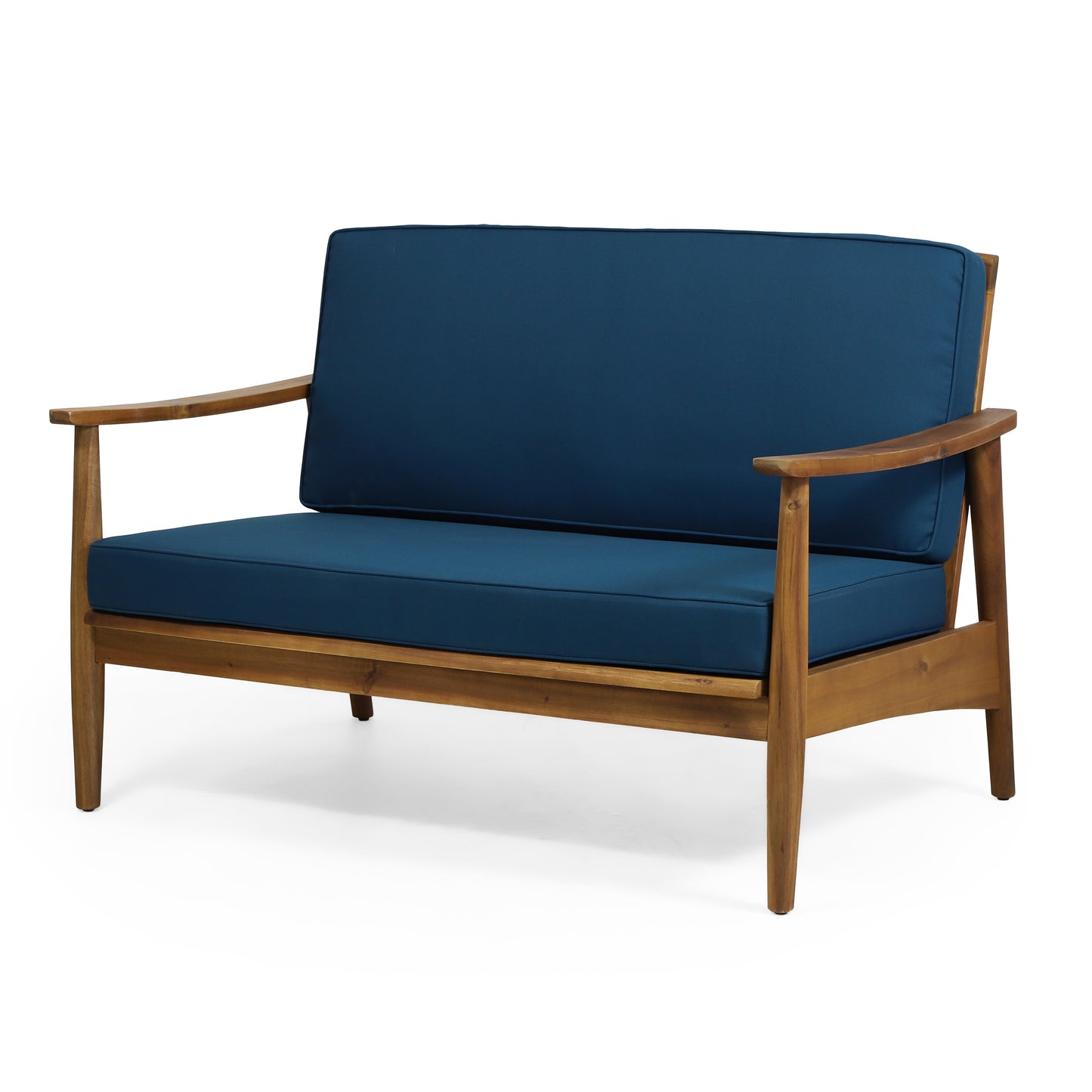 Midcentury modern loveseat with deep blue cushions and warm wood frame