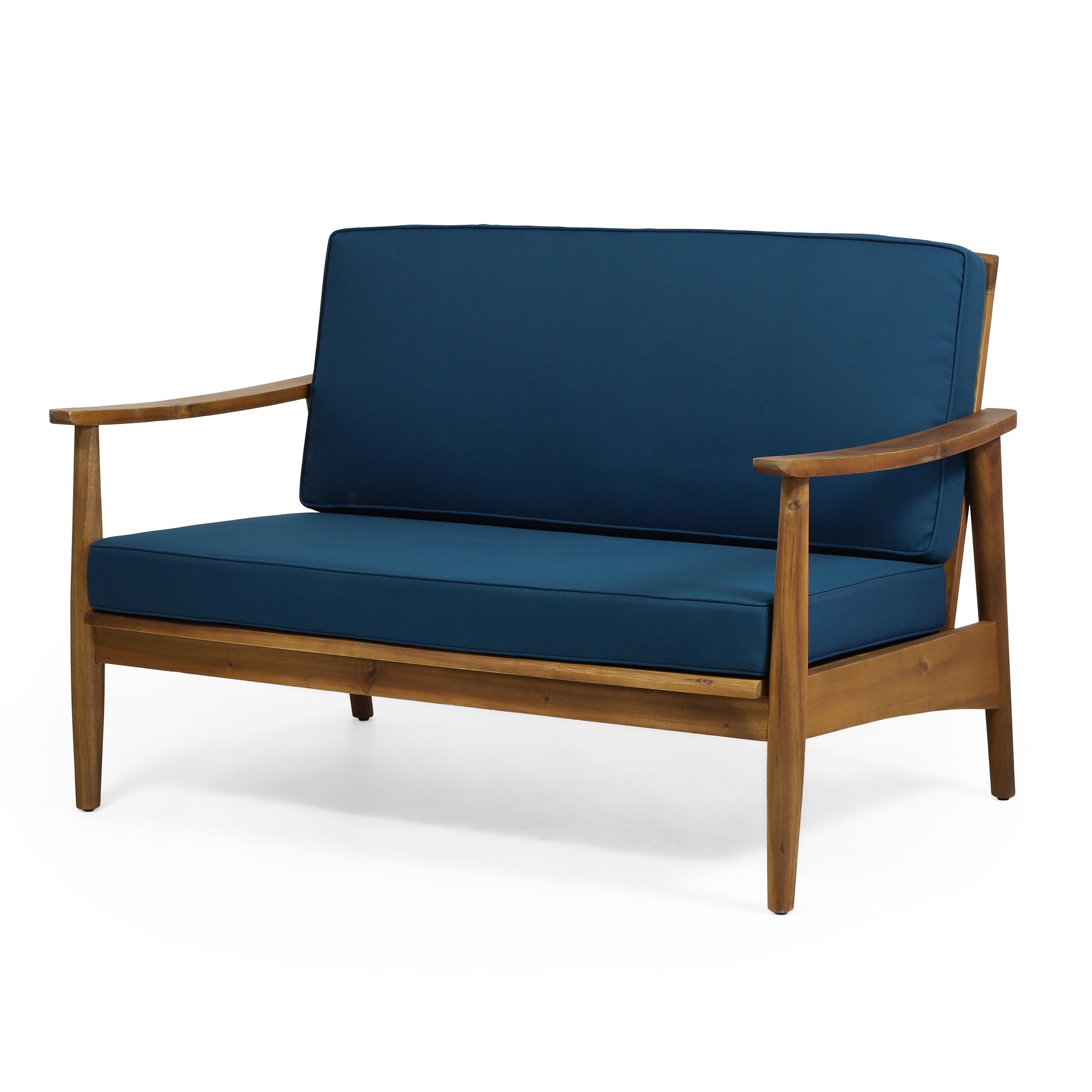 Midcentury modern loveseat with deep blue cushions and warm wood frame