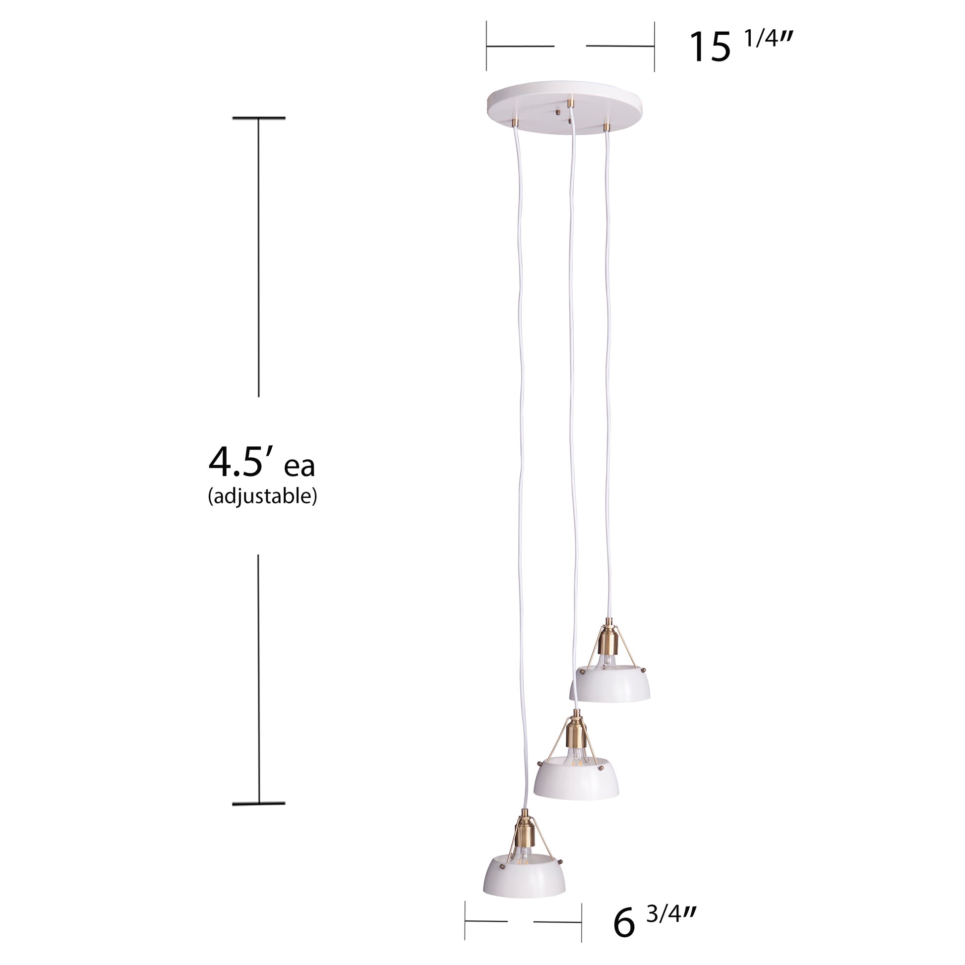 Modern white pendant light with brushed brass accents and three adjustable shades