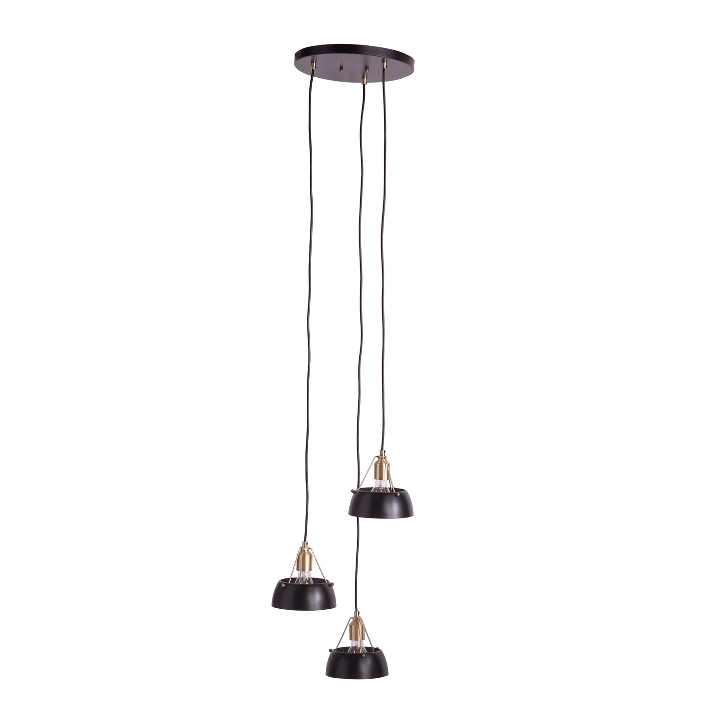 Black metal pendant light fixture with three adjustable shades and brass accents