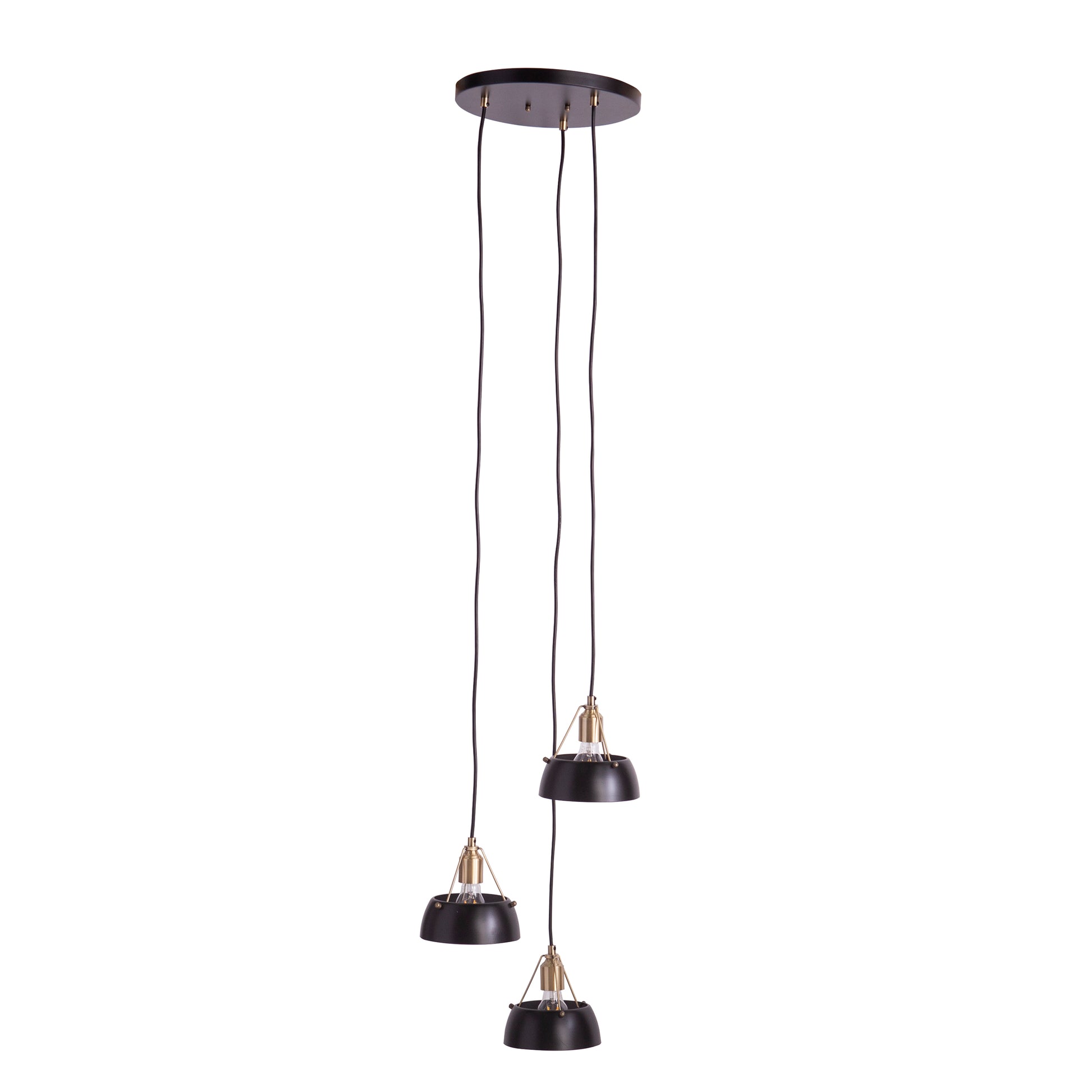 Black metal pendant light fixture with three adjustable shades and brass accents