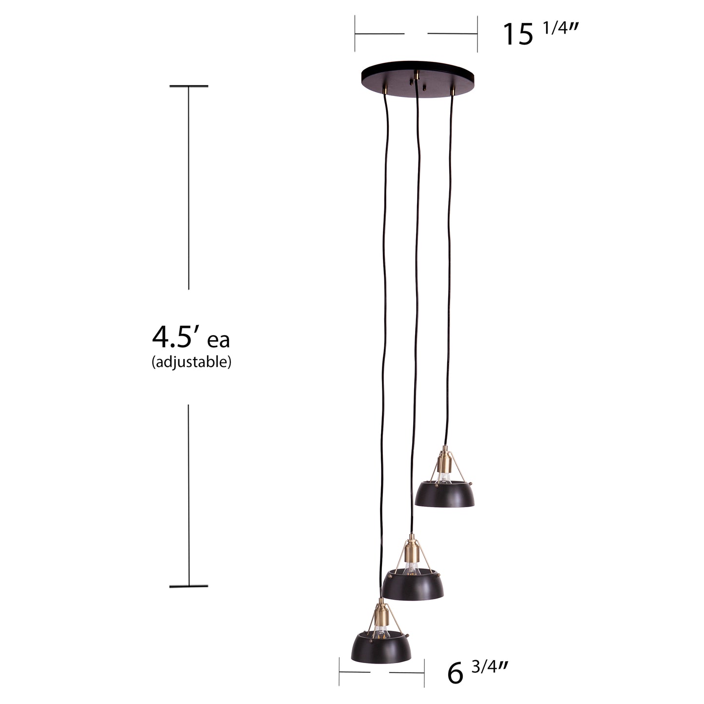 Adjustable modern pendant light with three black metal shades and brass accents