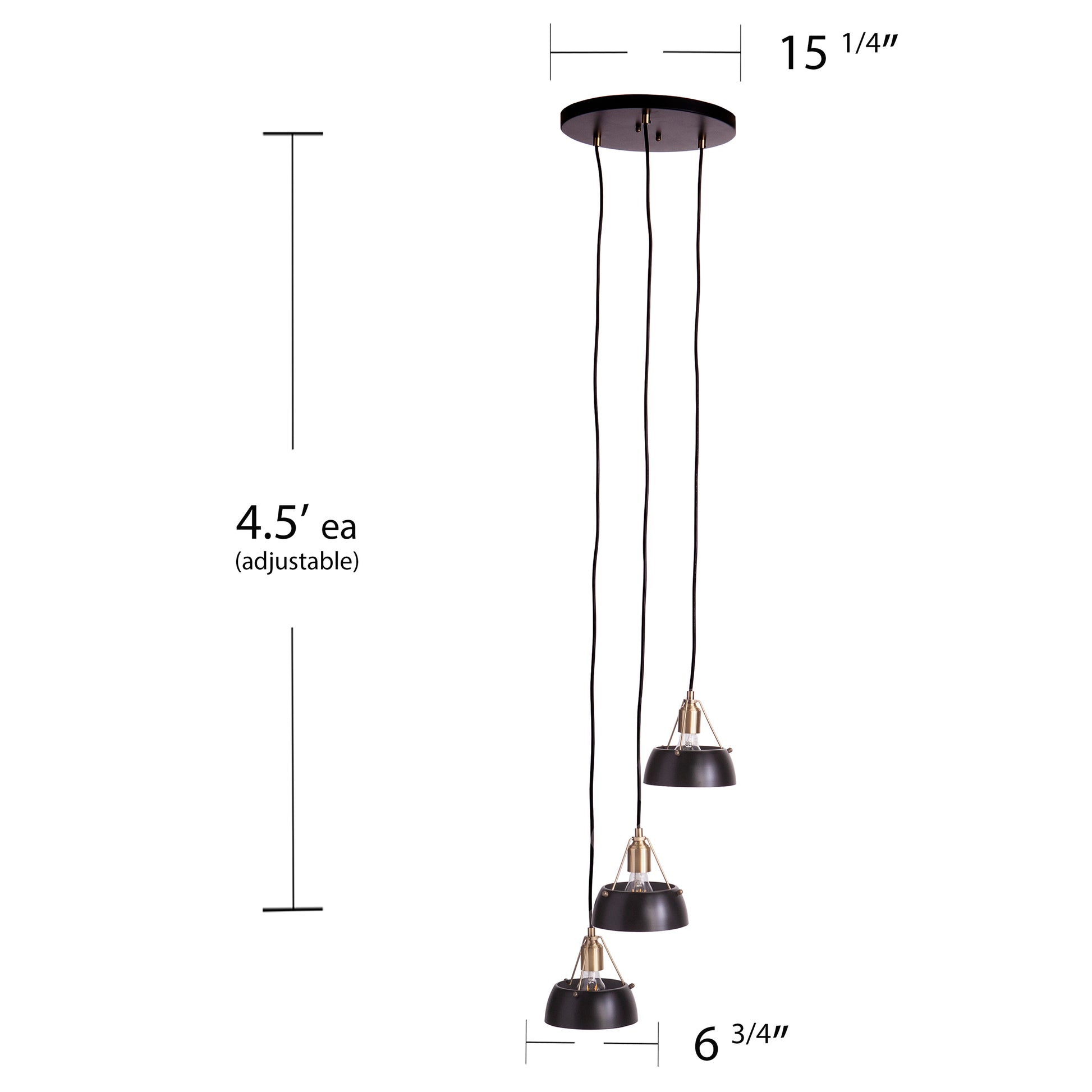 Adjustable modern pendant light with three black metal shades and brass accents