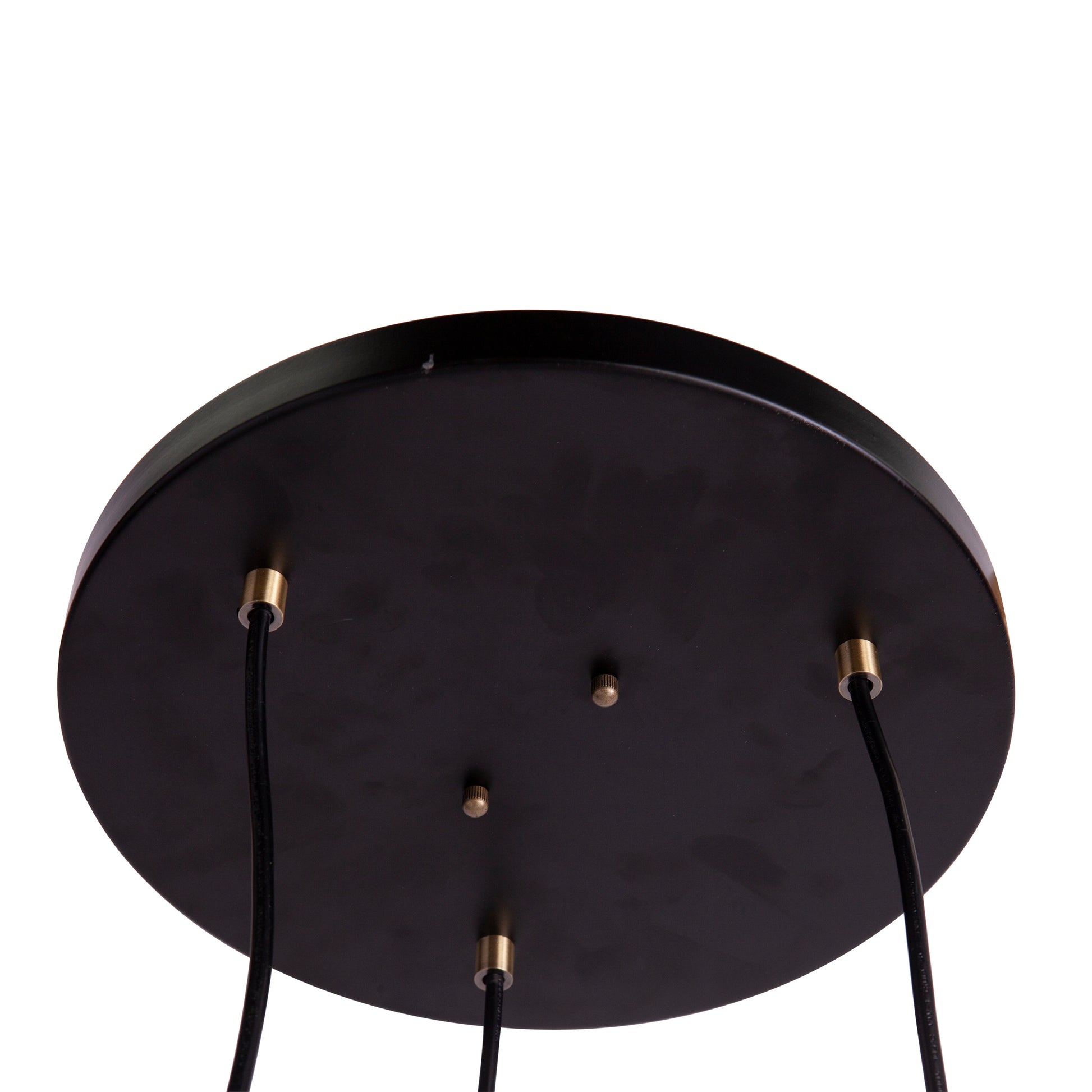 Black round ceiling plate with brass accents designed for modern pendant lights
