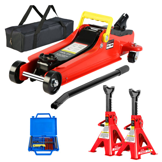 Red ton low profile floor jack with yellow handle and carrying bag